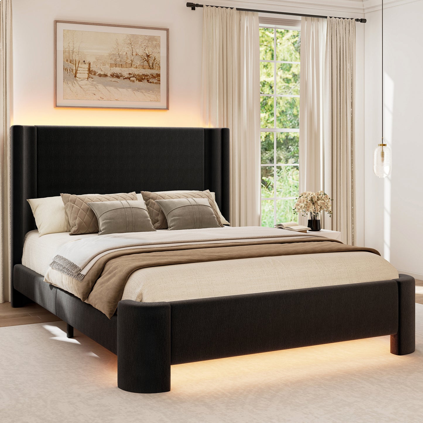SIBEDS LED Bed Frame with Smart App & Remote Control, Upholstered Linen & PU Finish Double (4ft6) and King Size (5ft) Platform Bed, Extra Tall Headboard, Noise Free Heavy Duty Frame