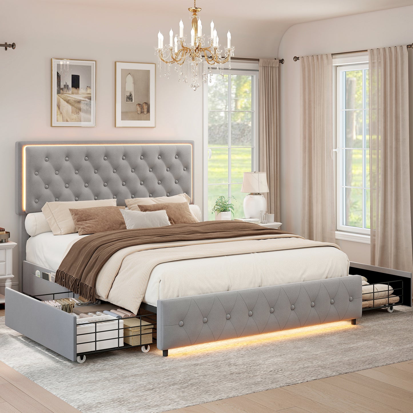 SIBEDS Storage Bed Frame with 2 Drawers and LED Lights, Smart App Controlled Upholstered Double & King Size Bed, Adjustable Wingback Headboard, PU Leather & Velvet Platform Bed, No Box Spring Needed