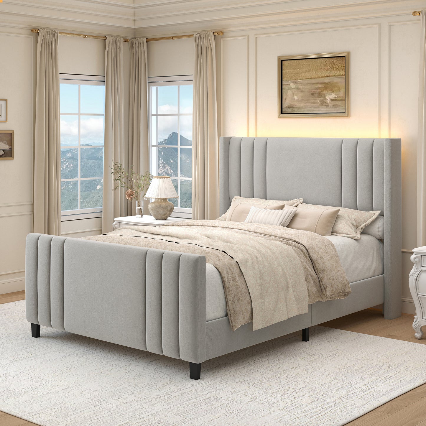 SIBEDS Velvet Upholstered Bed Frame with LED Lights, Smart App Controlled Wingback Platform Bed, Modern Double & King Size Bed Frame with High Footboard, Noise Free Wooden Slats, No Box Spring Required
