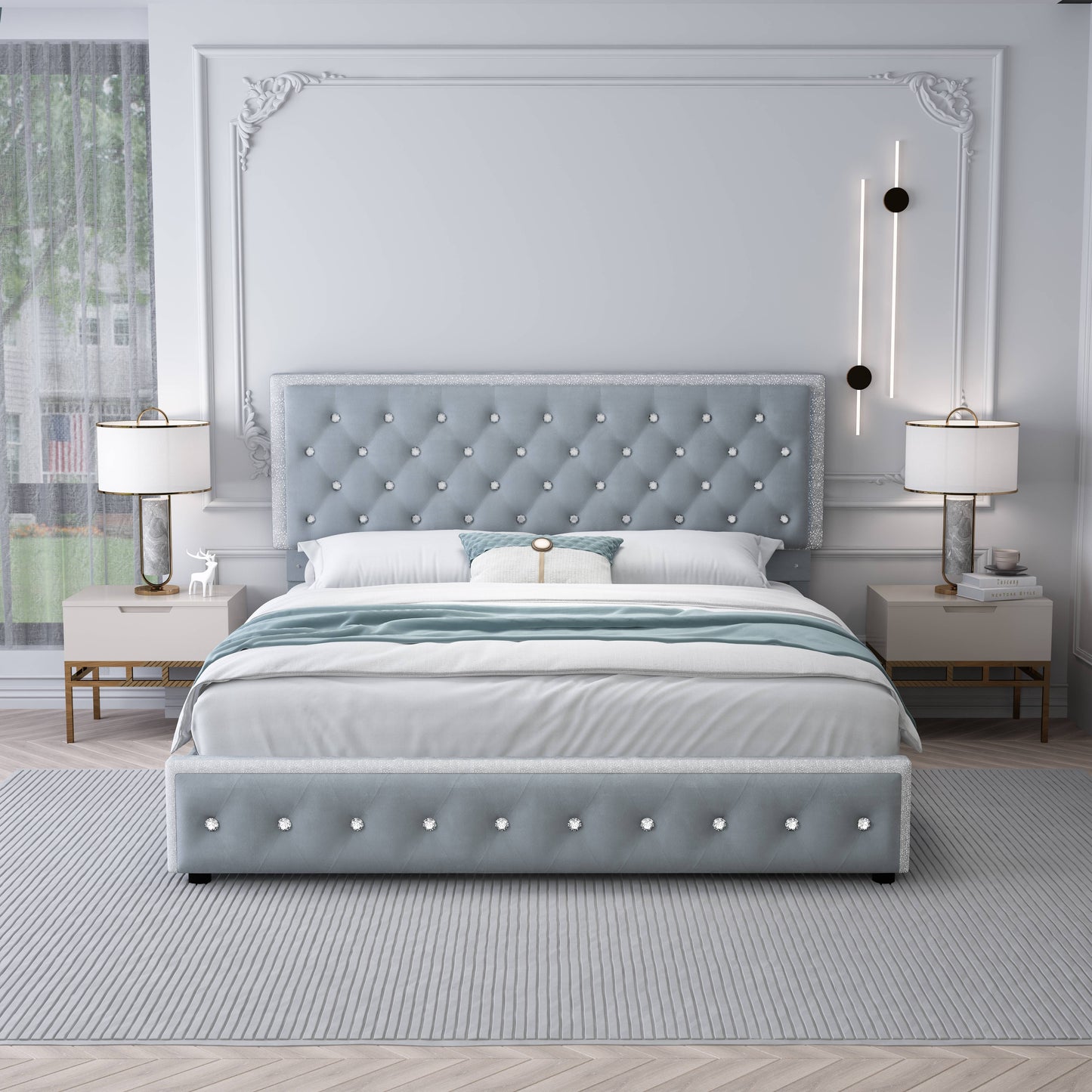 SIBEDS Luxury Platform Bed with 2 Storage Drawers, 2 Side Pockets, and Crystal Button Tufted Headboard