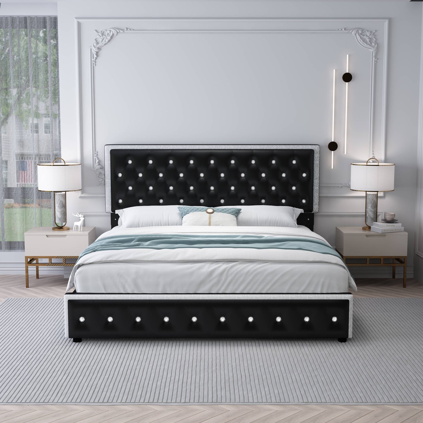 SIBEDS Luxury Platform Bed with 2 Storage Drawers, 2 Side Pockets, and Crystal Button Tufted Headboard