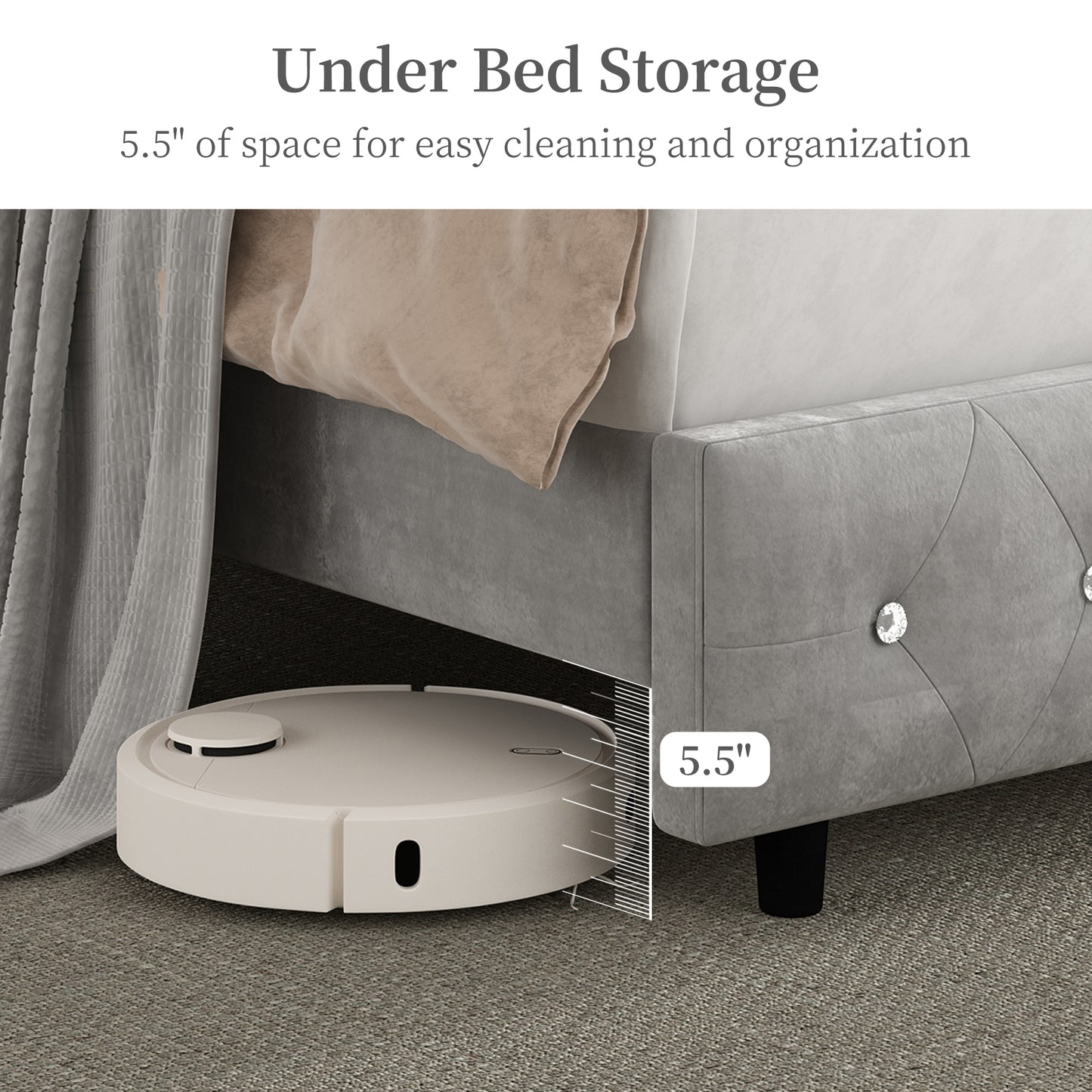 Queen Led Bed Frame with Galaxy Aurora Star Projector, Queen Platform Bed with Charging Station, 52" Upholstered Hidden Storage Headboard with Wingback, Noise Free, No Box Spring Needed, Velvet Gray