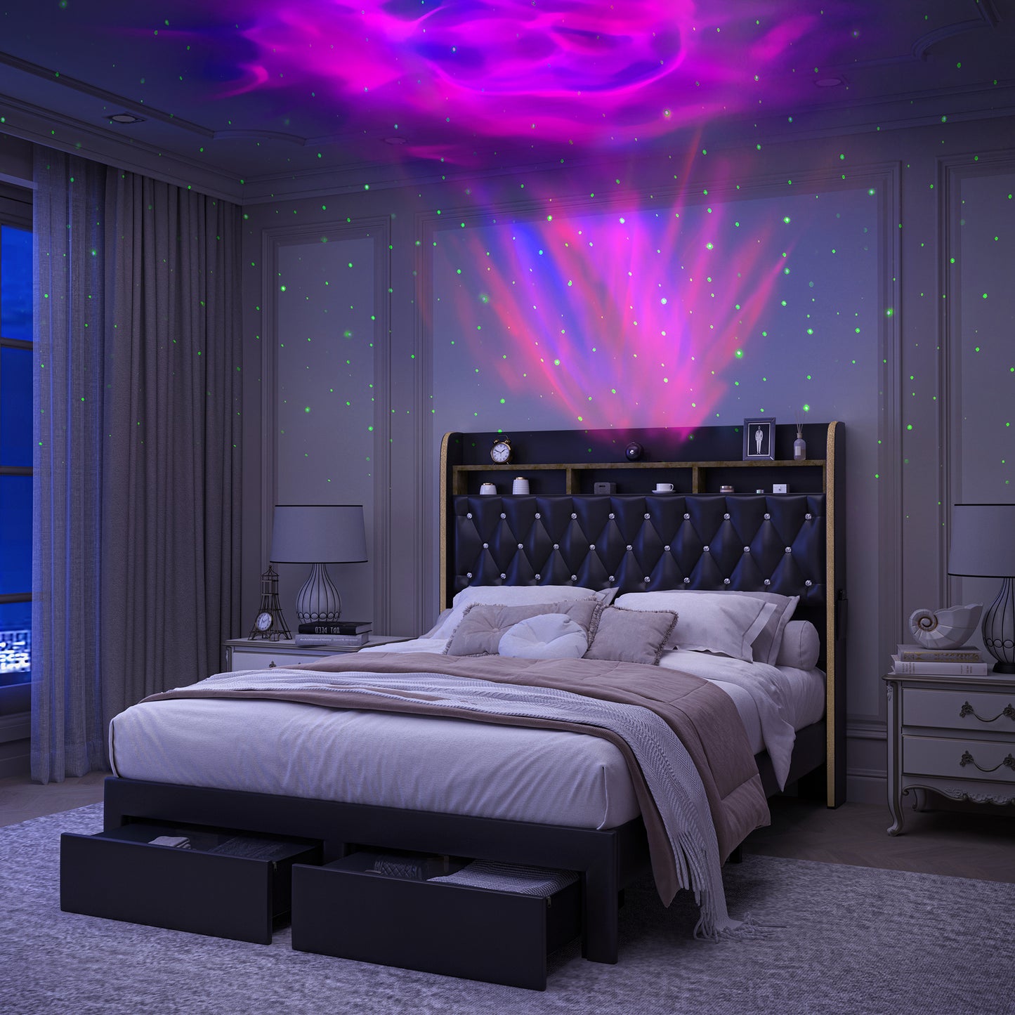 Queen LED Bed Frame with Storage Drawers, Velvet Upholstered Platform Beds with Galaxy Star Projector Charging Station Speaker, Aurora Bedframe with 2-Tier Storage Headboard, Noise-Free, Black