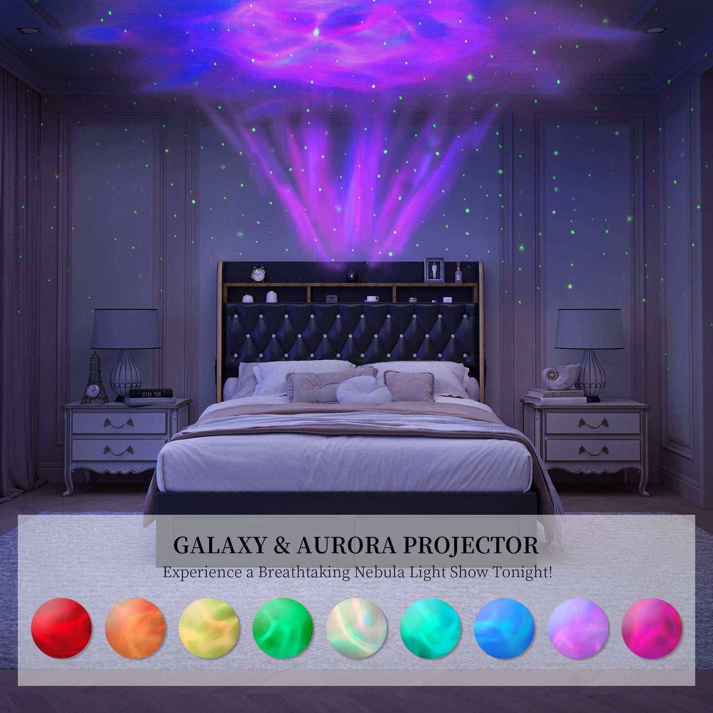 Queen LED Bed Frame with Storage Drawers, Velvet Upholstered Platform Beds with Galaxy Star Projector Charging Station Speaker, Aurora Bedframe with 2-Tier Storage Headboard, Noise-Free, Black