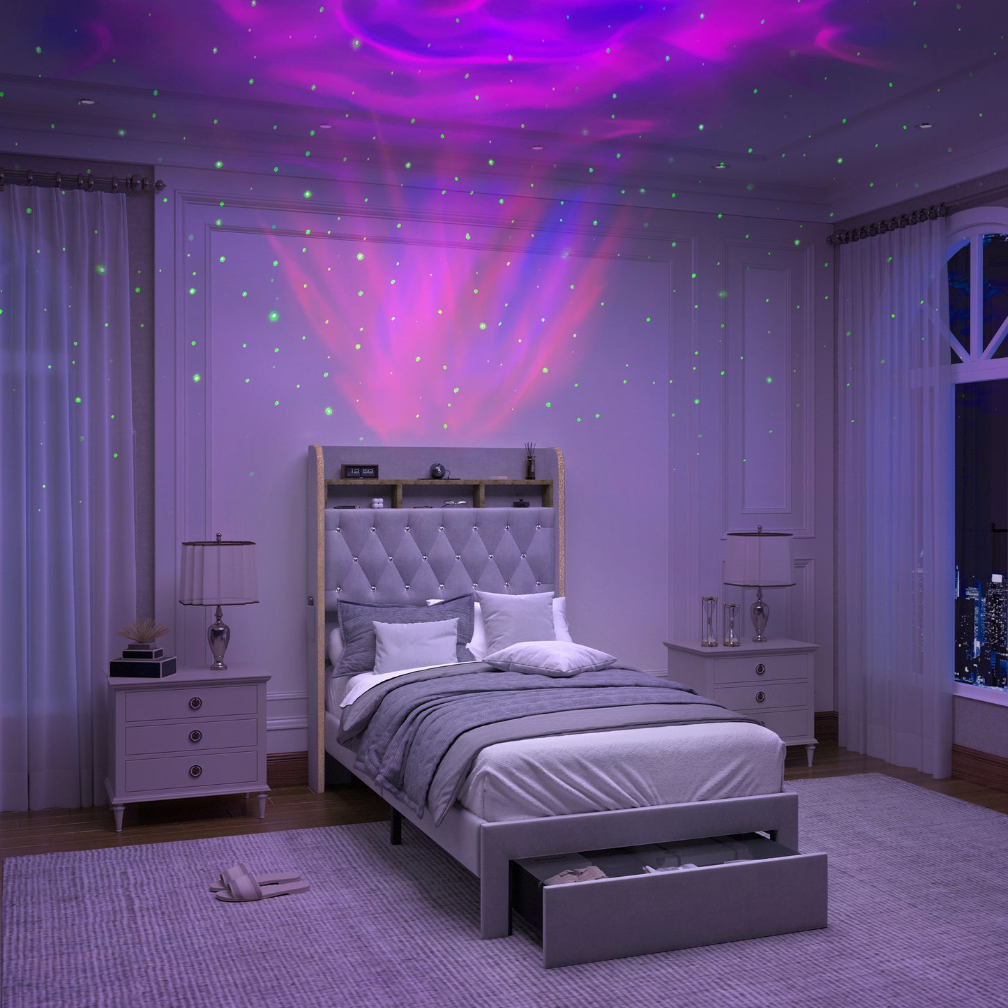 SIBEDS Aurora LED Bed Frame – Velvet Upholstered with Star Projector, Bluetooth Speakers & Storage Drawers