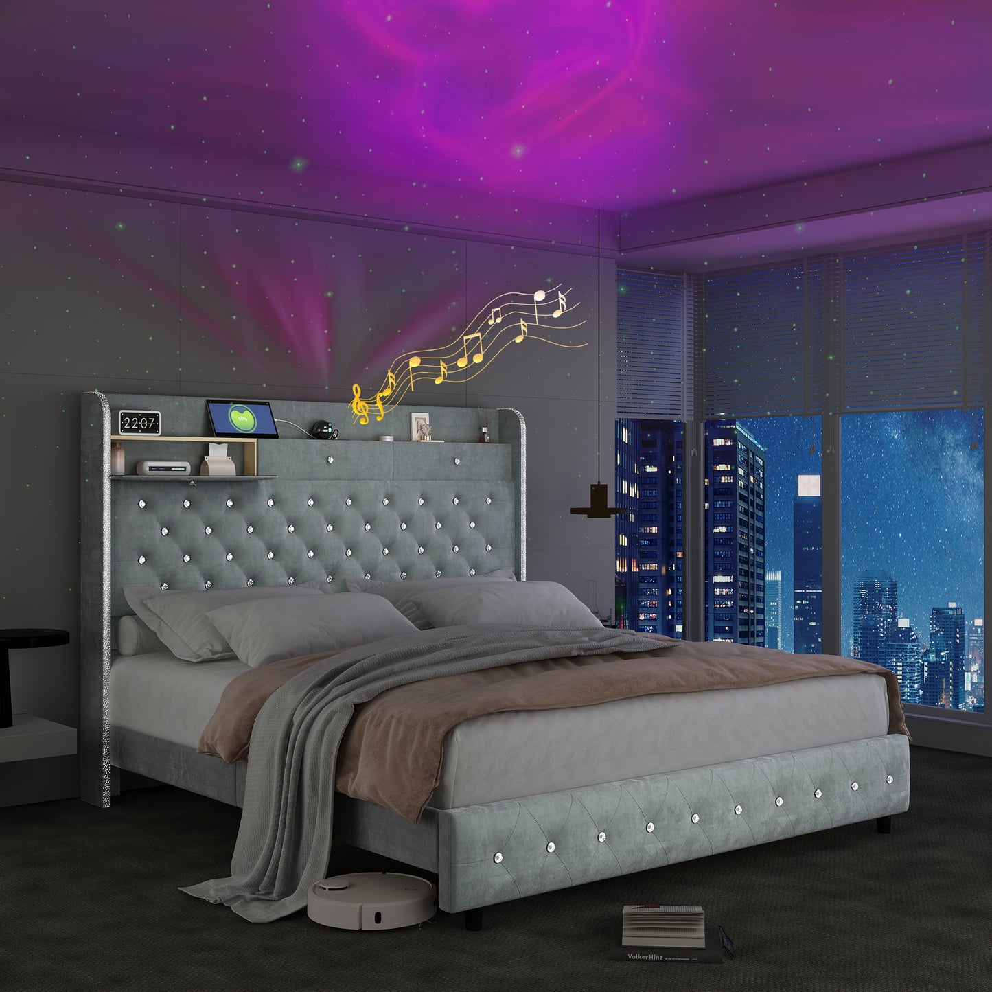 Queen Led Bed Frame with Galaxy Aurora Star Projector, Queen Platform Bed with Charging Station, 52" Upholstered Hidden Storage Headboard with Wingback, Noise Free, No Box Spring Needed, Velvet Gray