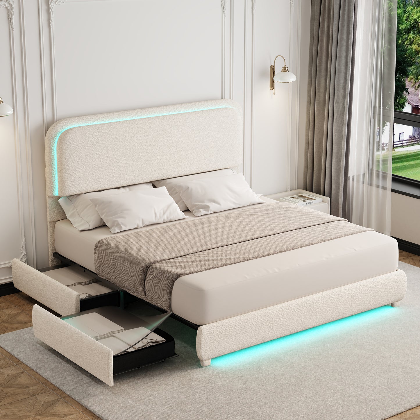 Queen LED Bed Frame with Storage Drawers, King Teddy Fleece Rounded Corner Platform Bed, Upholstered Headboard, No Box Spring Needed, Easy Assembly, Cream & Pink