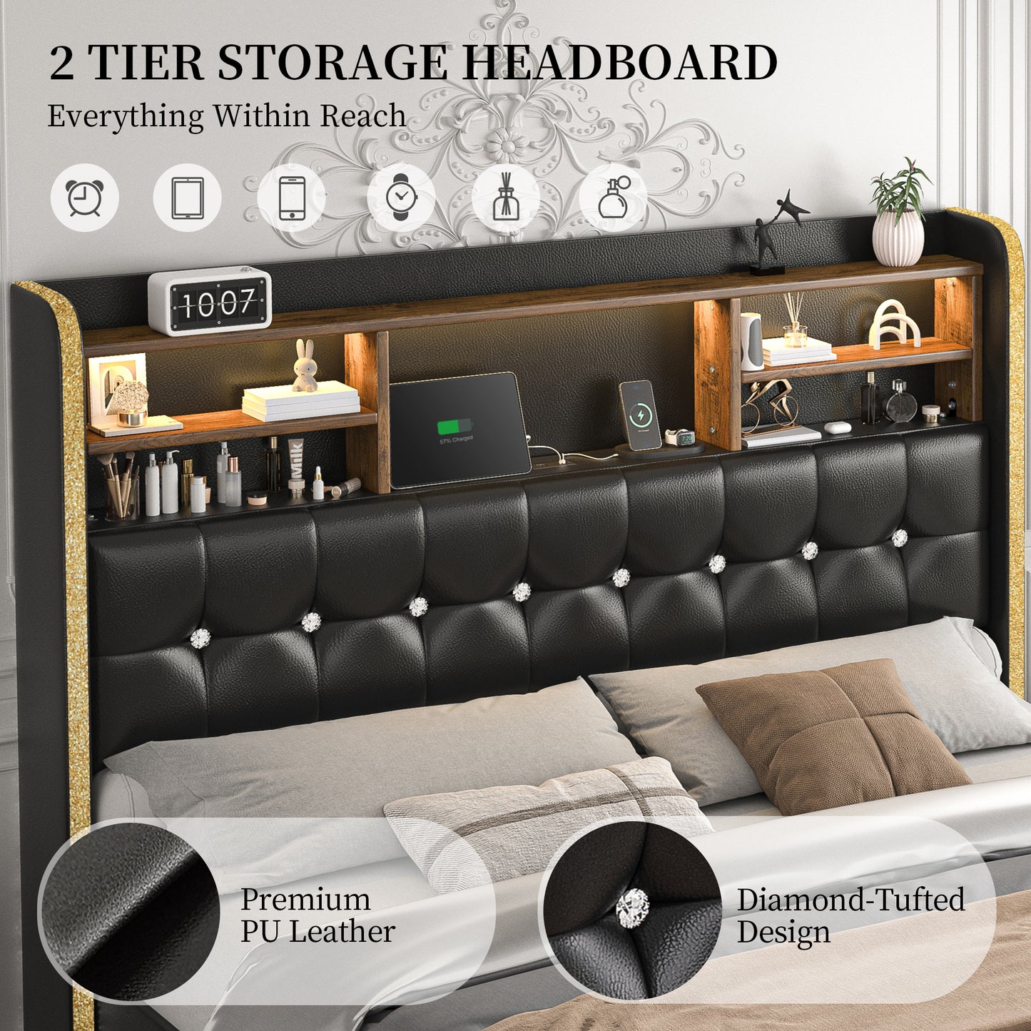 SIBEDS Queen Upholstered Bed Frame with LED Bookcase Headboard, Storage Drawers, USB Charging Ports, and Tufted Wingback Design, White/Black/Cream/Gray