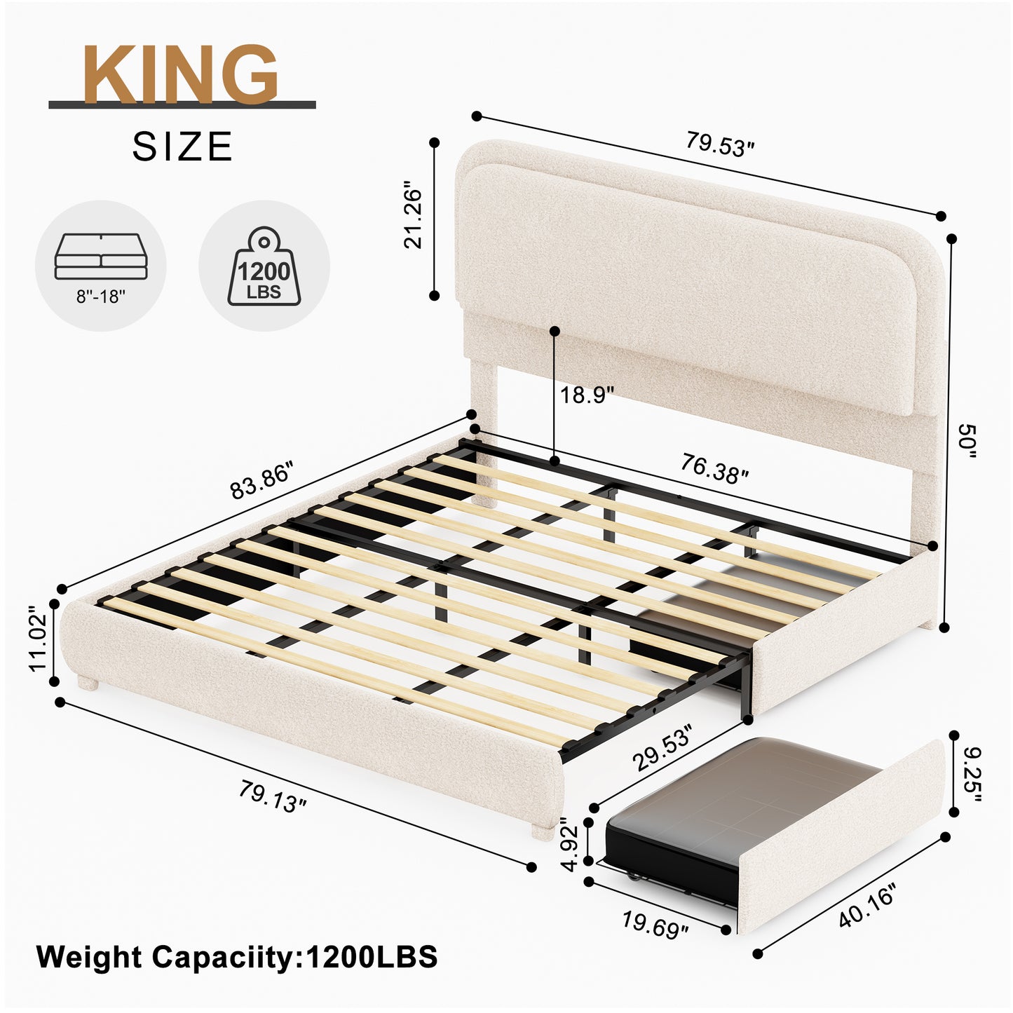 Queen LED Bed Frame with Storage Drawers, King Teddy Fleece Rounded Corner Platform Bed, Upholstered Headboard, No Box Spring Needed, Easy Assembly, Cream & Pink