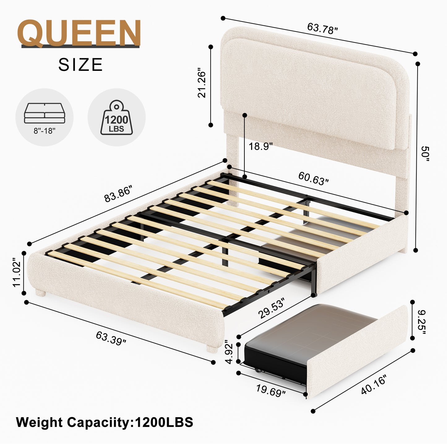 Queen LED Bed Frame with Storage Drawers, King Teddy Fleece Rounded Corner Platform Bed, Upholstered Headboard, No Box Spring Needed, Easy Assembly, Cream & Pink