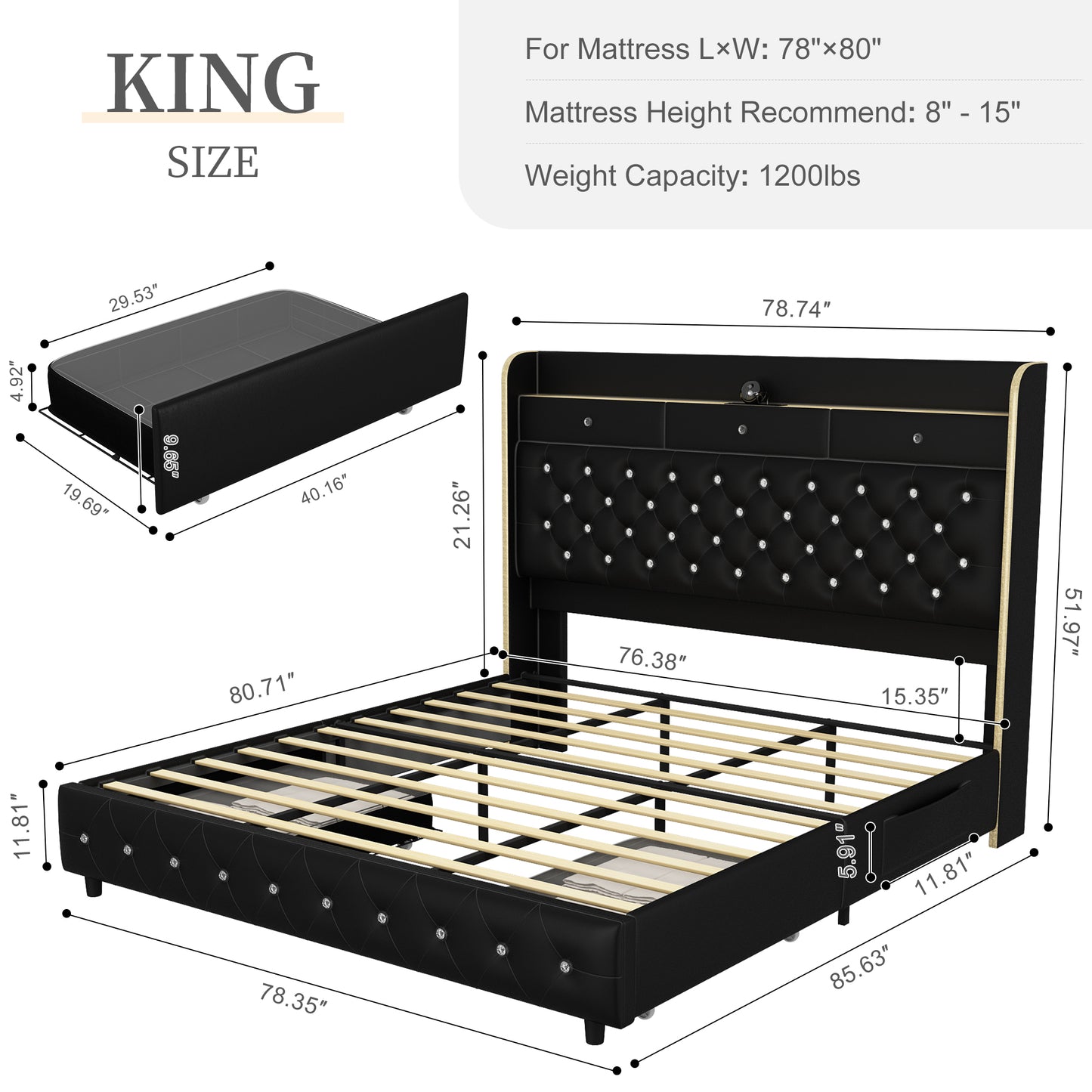 Queen LED Bed Frame with Galaxy Projector, Storage Headboard, Charging Station, Wingback Design, No Box Spring Needed,