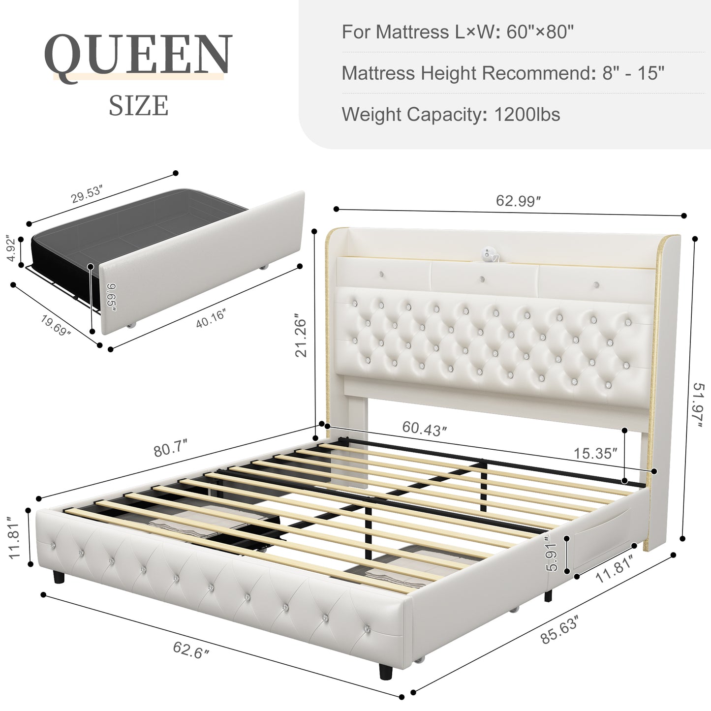 Queen LED Bed Frame with Galaxy Projector, Storage Headboard, Charging Station, Wingback Design, No Box Spring Needed,