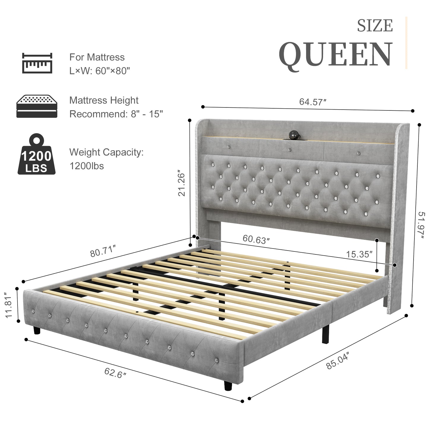 Queen Led Bed Frame with Galaxy Aurora Star Projector, Queen Platform Bed with Charging Station, 52" Upholstered Hidden Storage Headboard with Wingback, Noise Free, No Box Spring Needed, Velvet Gray