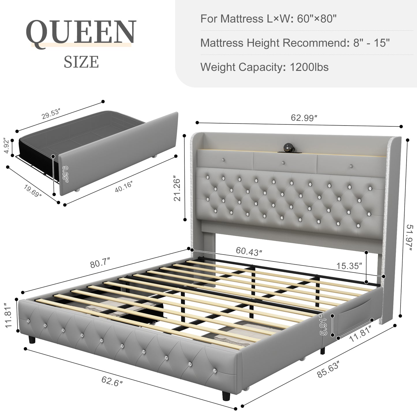 Queen LED Bed Frame with Galaxy Projector, Storage Headboard, Charging Station, Wingback Design, No Box Spring Needed,