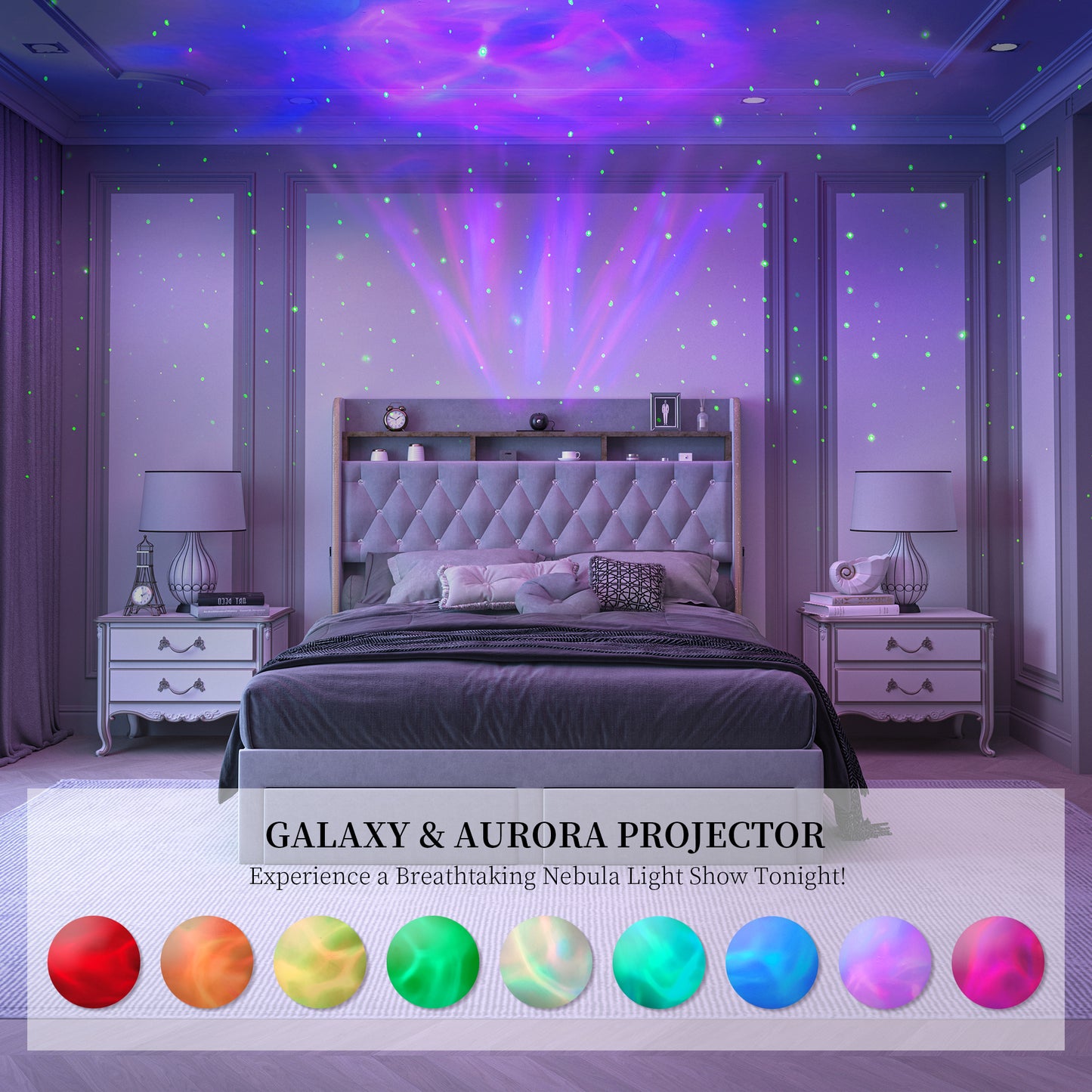 SIBEDS Aurora LED Bed Frame – Velvet Upholstered with Star Projector, Bluetooth Speakers & Storage Drawers