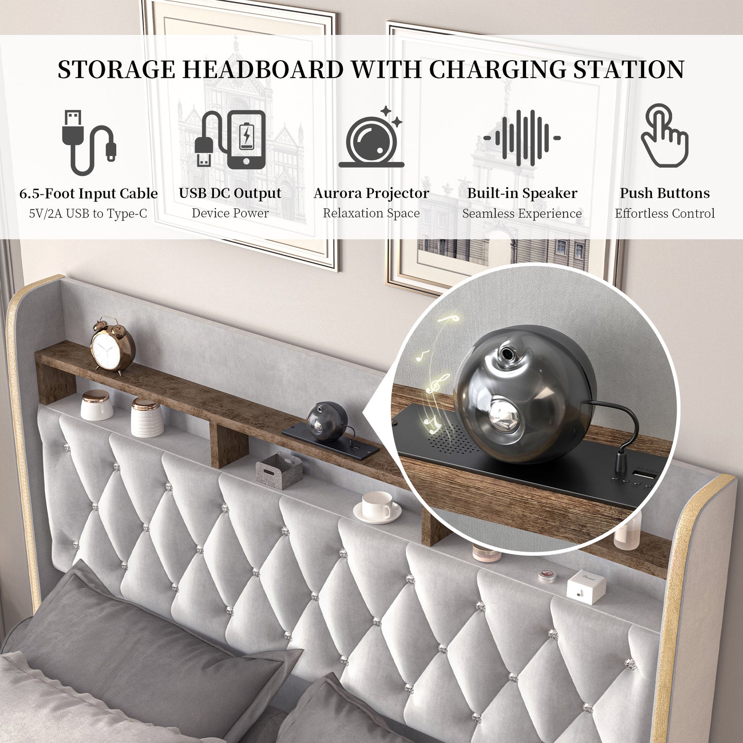 SIBEDS Aurora LED Bed Frame – Velvet Upholstered with Star Projector, Bluetooth Speakers & Storage Drawers