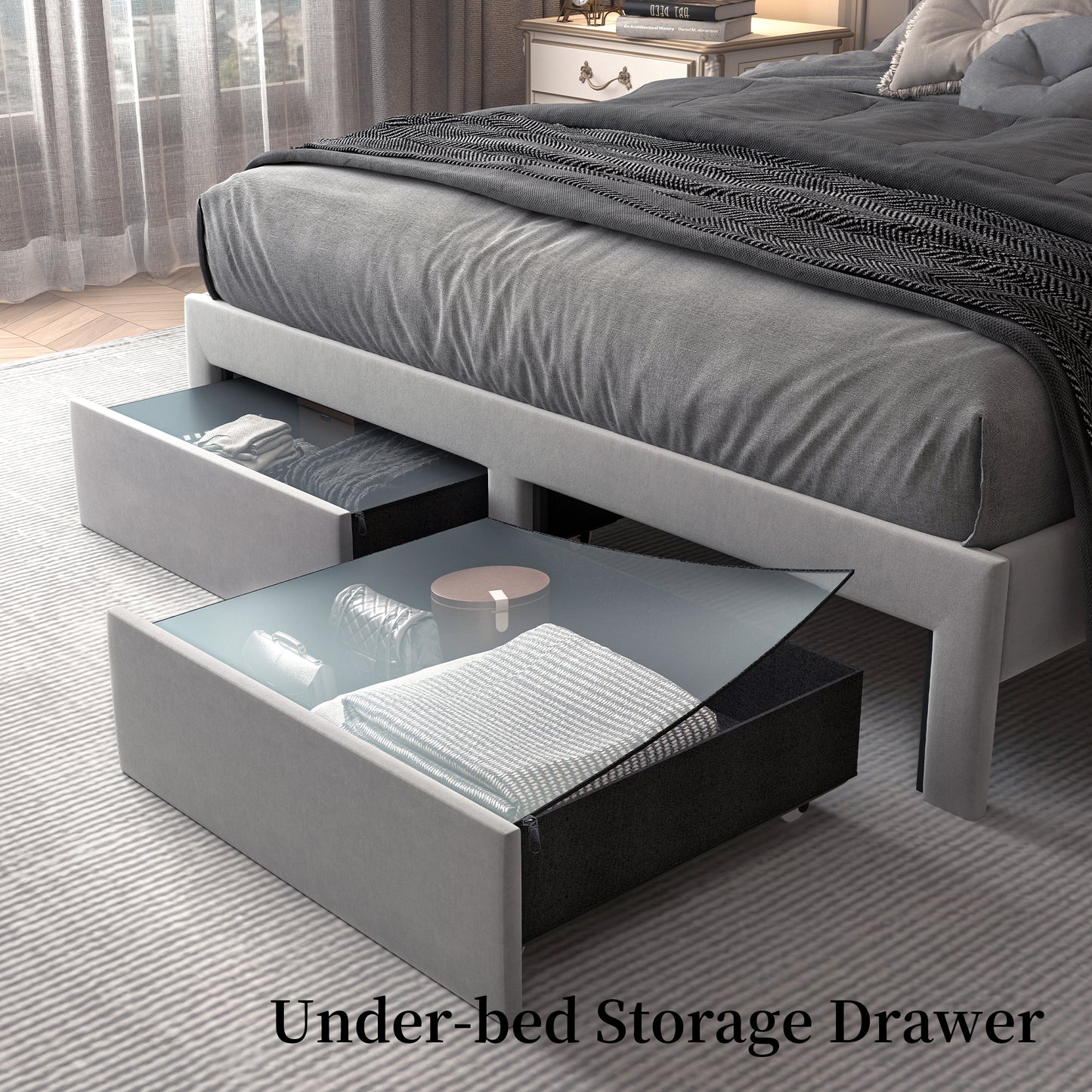 SIBEDS Aurora LED Bed Frame – Velvet Upholstered with Star Projector, Bluetooth Speakers & Storage Drawers