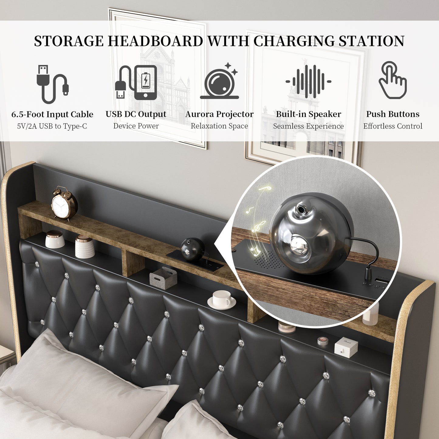 Queen LED Bed Frame with Storage Drawers, Velvet Upholstered Platform Beds with Galaxy Star Projector Charging Station Speaker, Aurora Bedframe with 2-Tier Storage Headboard, Noise-Free, Black