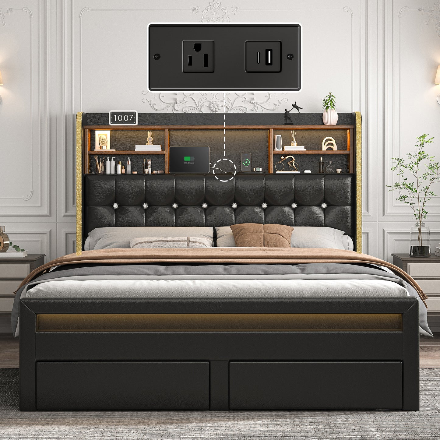 SIBEDS Queen Upholstered Bed Frame with LED Bookcase Headboard, Storage Drawers, USB Charging Ports, and Tufted Wingback Design, White/Black/Cream/Gray