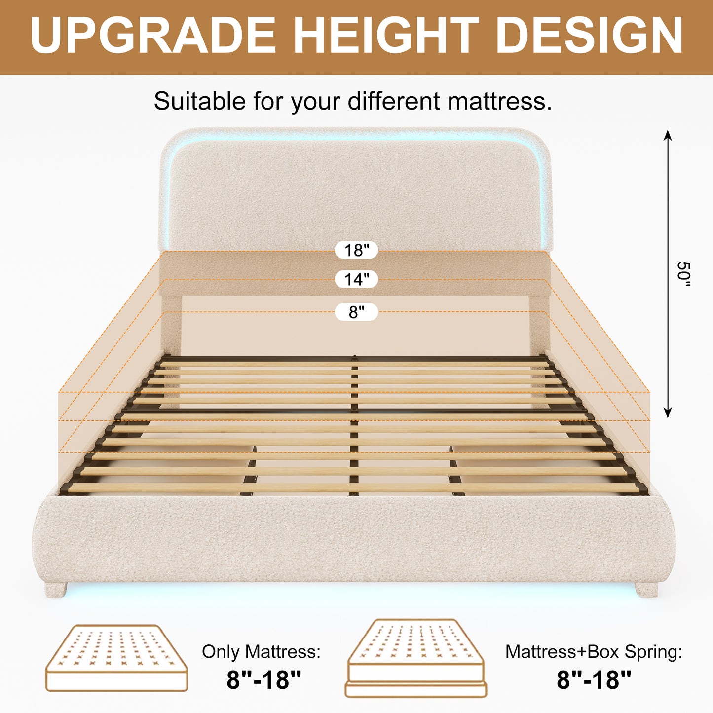 Queen LED Bed Frame with Storage Drawers, King Teddy Fleece Rounded Corner Platform Bed, Upholstered Headboard, No Box Spring Needed, Easy Assembly, Cream & Pink