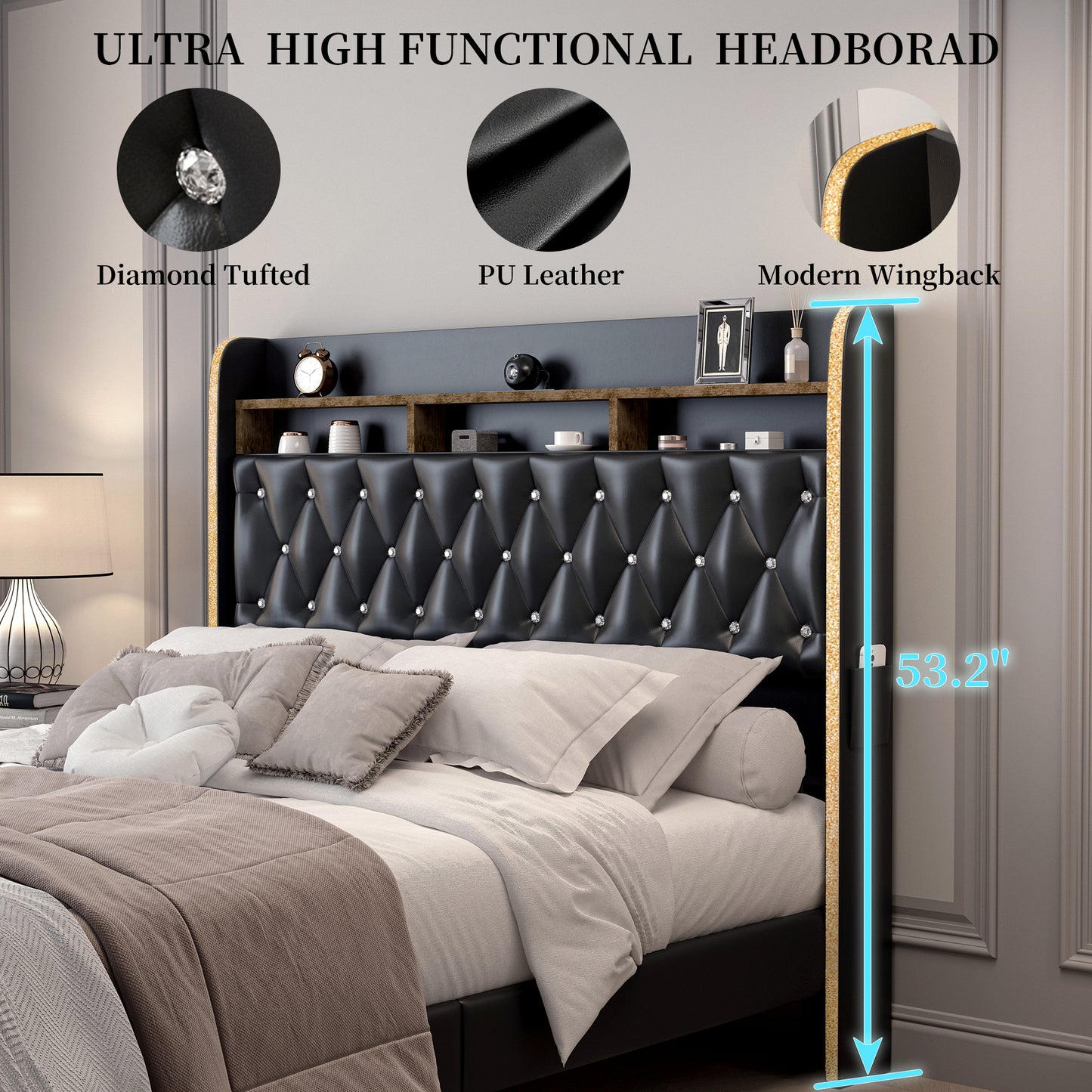 Queen LED Bed Frame with Storage Drawers, Velvet Upholstered Platform Beds with Galaxy Star Projector Charging Station Speaker, Aurora Bedframe with 2-Tier Storage Headboard, Noise-Free, Black