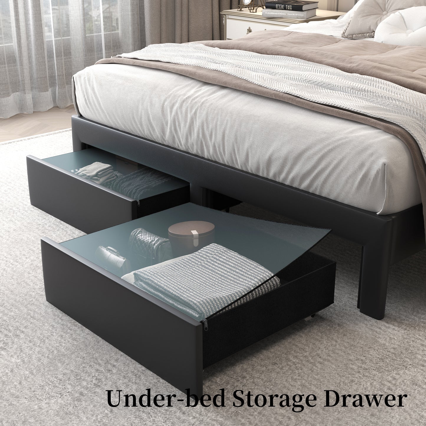 Queen LED Bed Frame with Storage Drawers, Velvet Upholstered Platform Beds with Galaxy Star Projector Charging Station Speaker, Aurora Bedframe with 2-Tier Storage Headboard, Noise-Free, Black