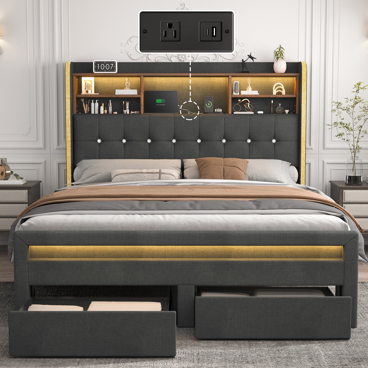 SIBEDS Queen Upholstered Bed Frame with LED Bookcase Headboard, Storage Drawers, USB Charging Ports, and Tufted Wingback Design, White/Black/Cream/Gray