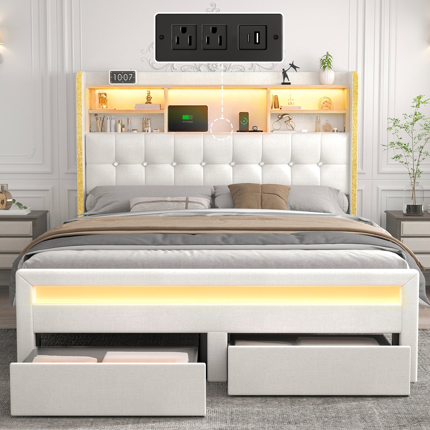 SIBEDS Queen Upholstered Bed Frame with LED Bookcase Headboard, Storage Drawers, USB Charging Ports, and Tufted Wingback Design, White/Black/Cream/Gray