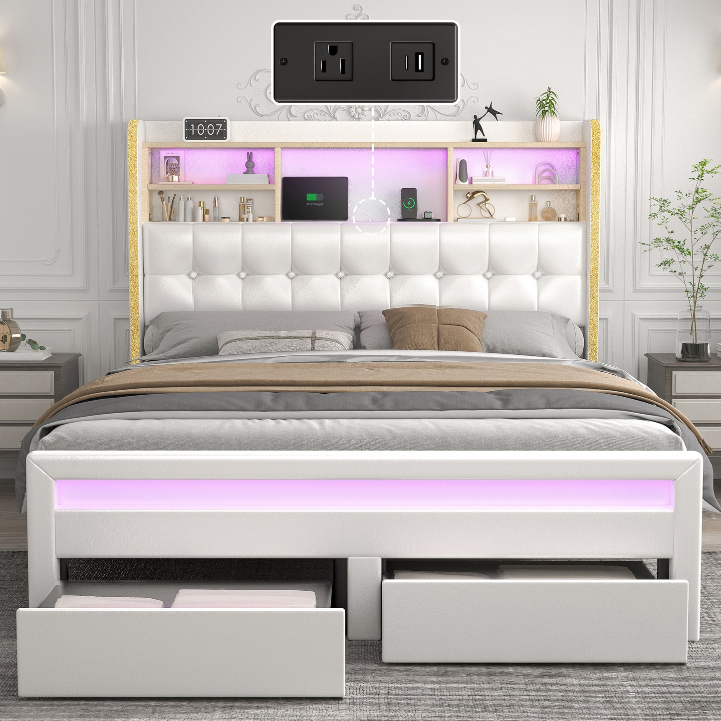 SIBEDS Queen Upholstered Bed Frame with LED Bookcase Headboard, Storage Drawers, USB Charging Ports, and Tufted Wingback Design, White/Black/Cream/Gray