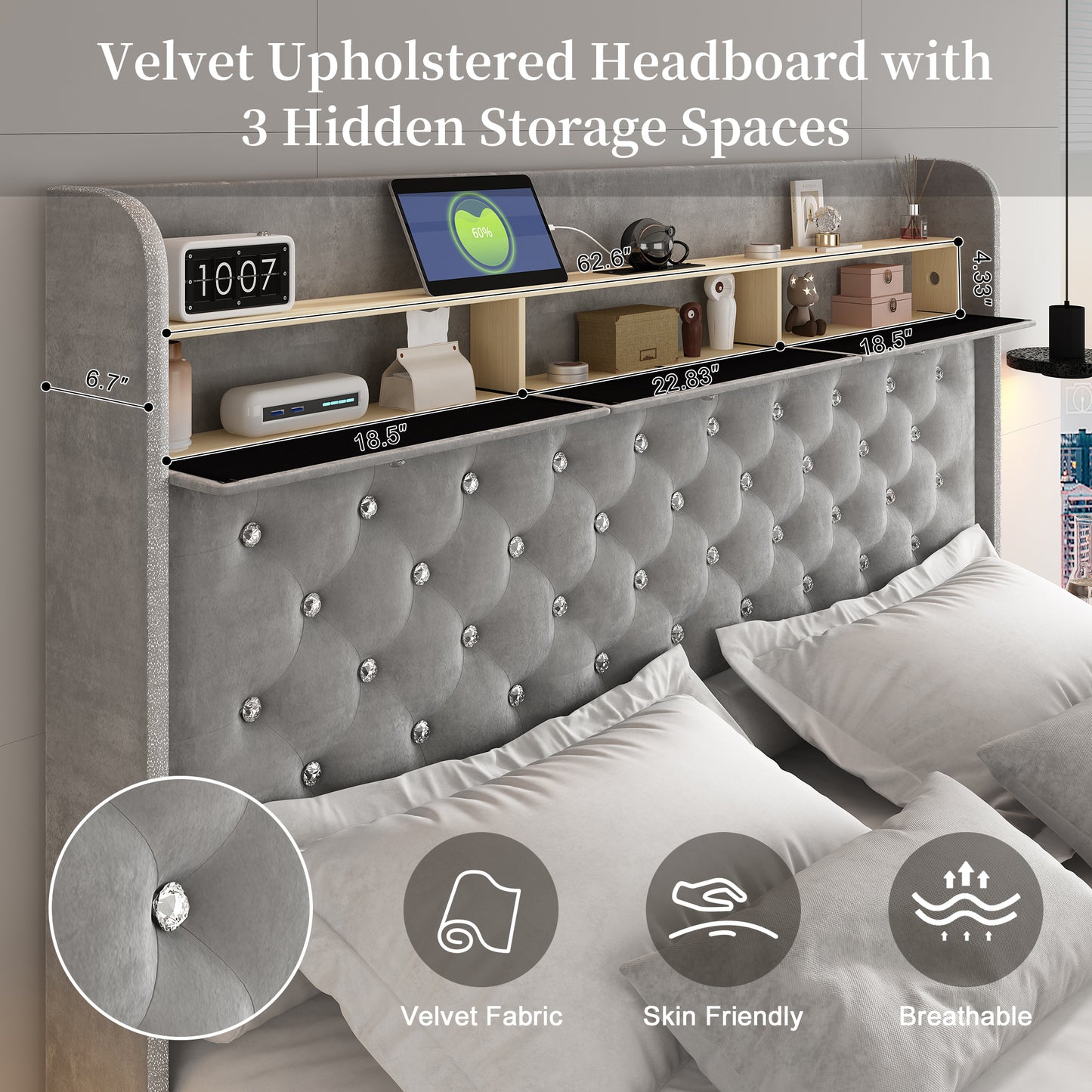 Queen Led Bed Frame with Galaxy Aurora Star Projector, Queen Platform Bed with Charging Station, 52" Upholstered Hidden Storage Headboard with Wingback, Noise Free, No Box Spring Needed, Velvet Gray