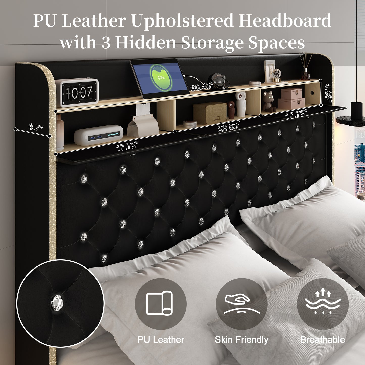 SIBEDS LED Bed Frame with Galaxy Projector, Storage Headboard, Charging Station, Wingback Design, No Box Spring Needed,
