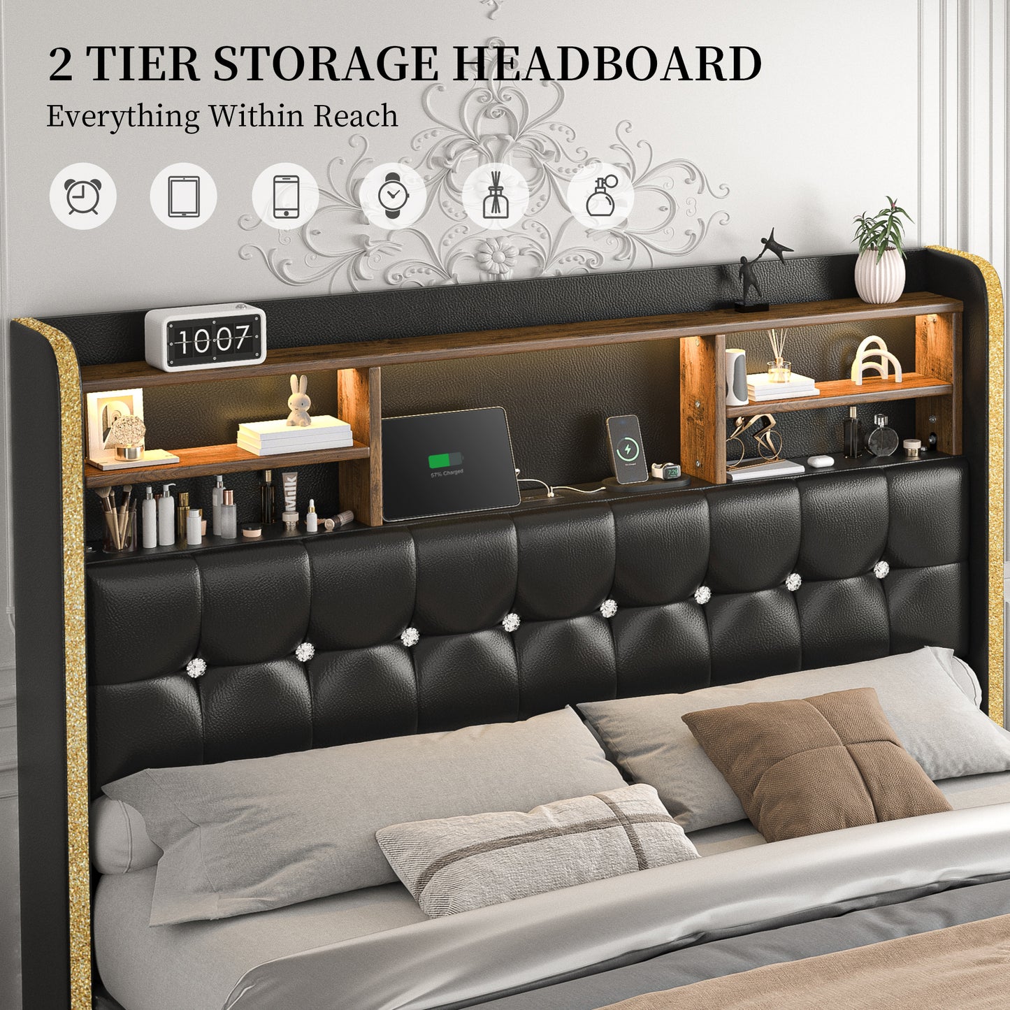 SIBEDS Queen Upholstered Bed Frame with LED Bookcase Headboard, Storage Drawers, USB Charging Ports, and Tufted Wingback Design, White/Black/Cream/Gray