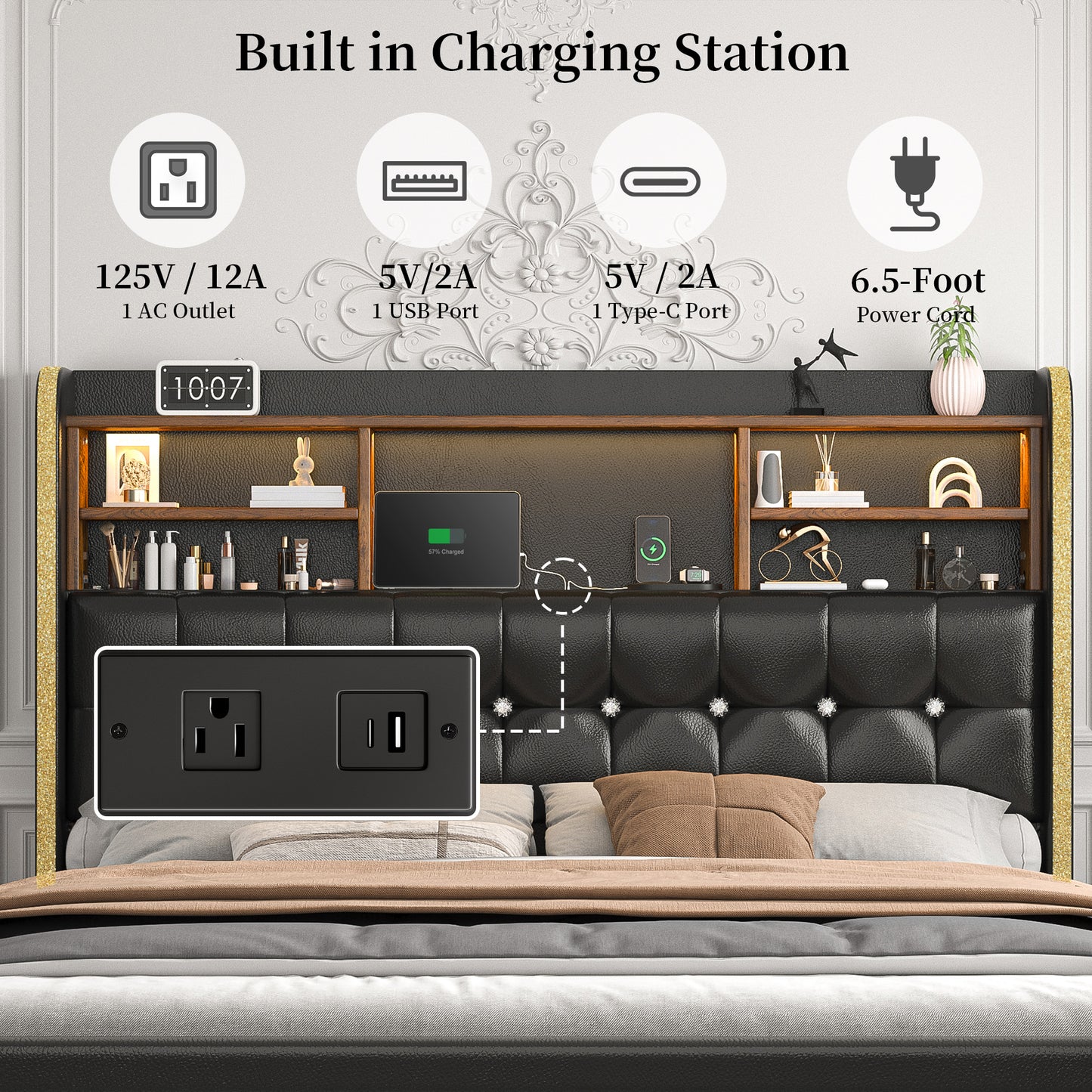 SIBEDS Queen Upholstered Bed Frame with LED Bookcase Headboard, Storage Drawers, USB Charging Ports, and Tufted Wingback Design, White/Black/Cream/Gray