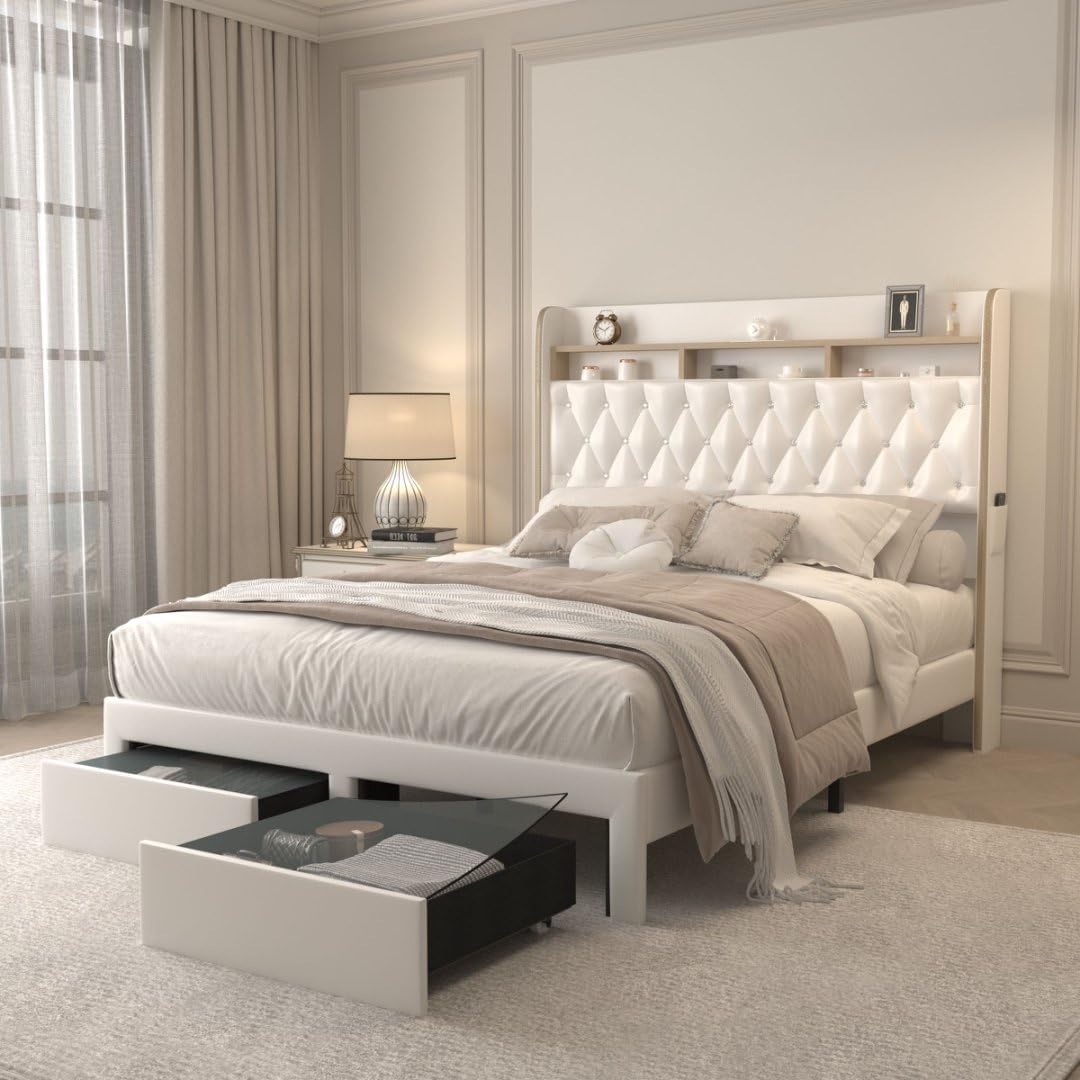 SIBEDS Aurora LED Bed Frame – Velvet Upholstered with Star Projector, Bluetooth Speakers & Storage Drawers