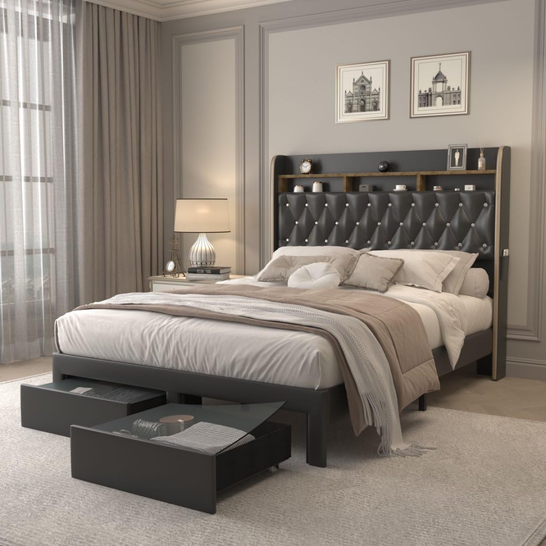 SIBEDS Aurora LED Bed Frame – Velvet Upholstered with Star Projector, Bluetooth Speakers & Storage Drawers