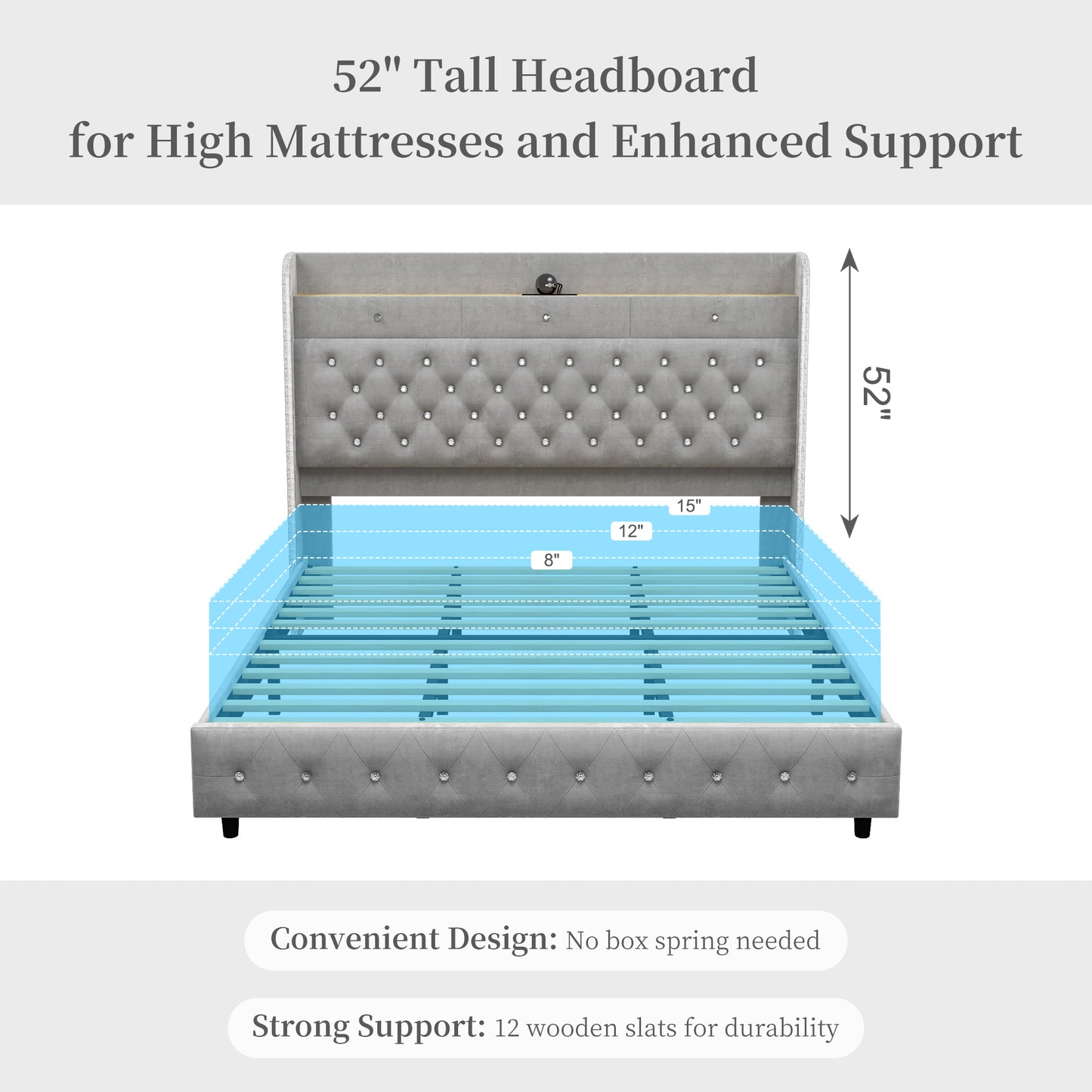Queen Led Bed Frame with Galaxy Aurora Star Projector, Queen Platform Bed with Charging Station, 52" Upholstered Hidden Storage Headboard with Wingback, Noise Free, No Box Spring Needed, Velvet Gray