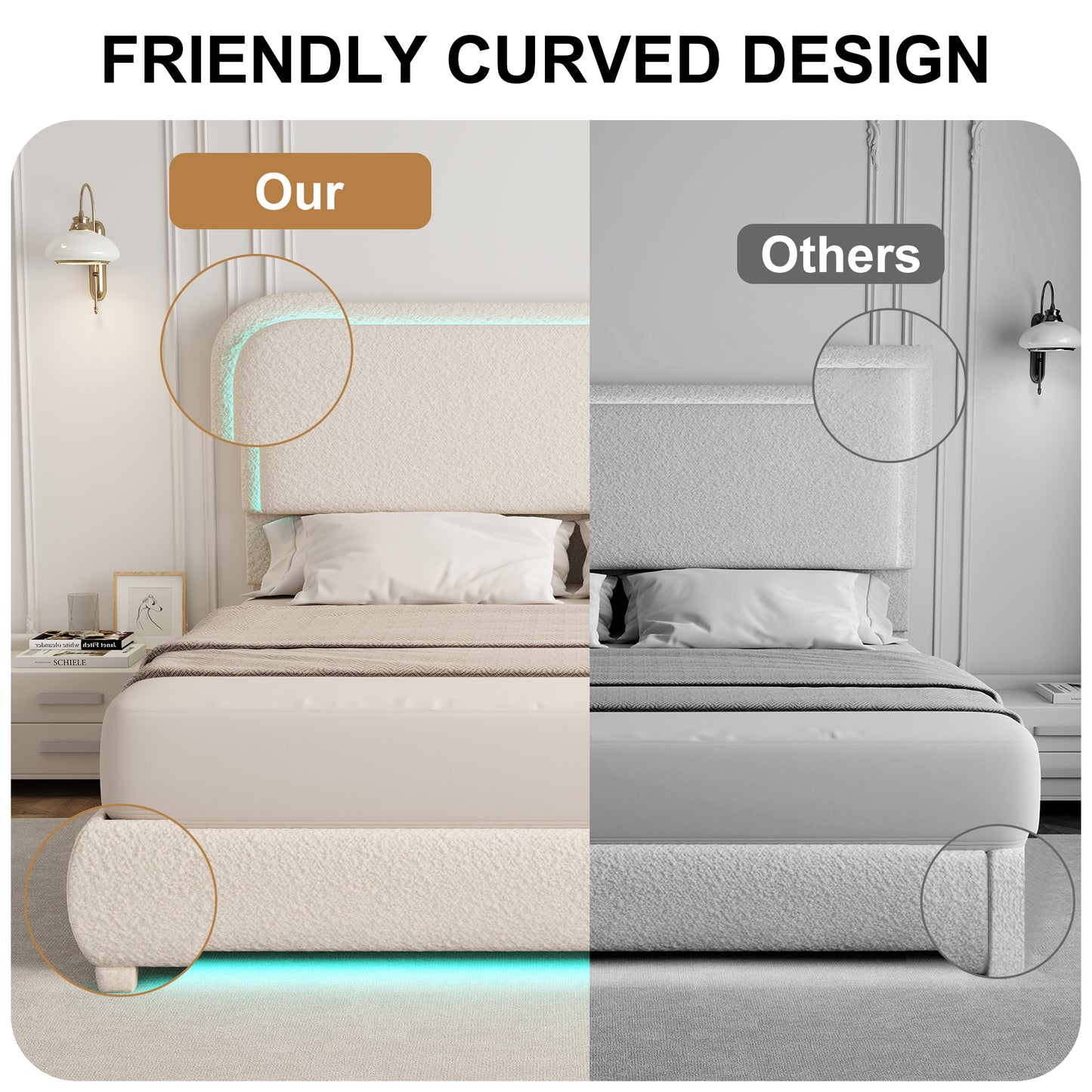 Queen LED Bed Frame with Storage Drawers, King Teddy Fleece Rounded Corner Platform Bed, Upholstered Headboard, No Box Spring Needed, Easy Assembly, Cream & Pink