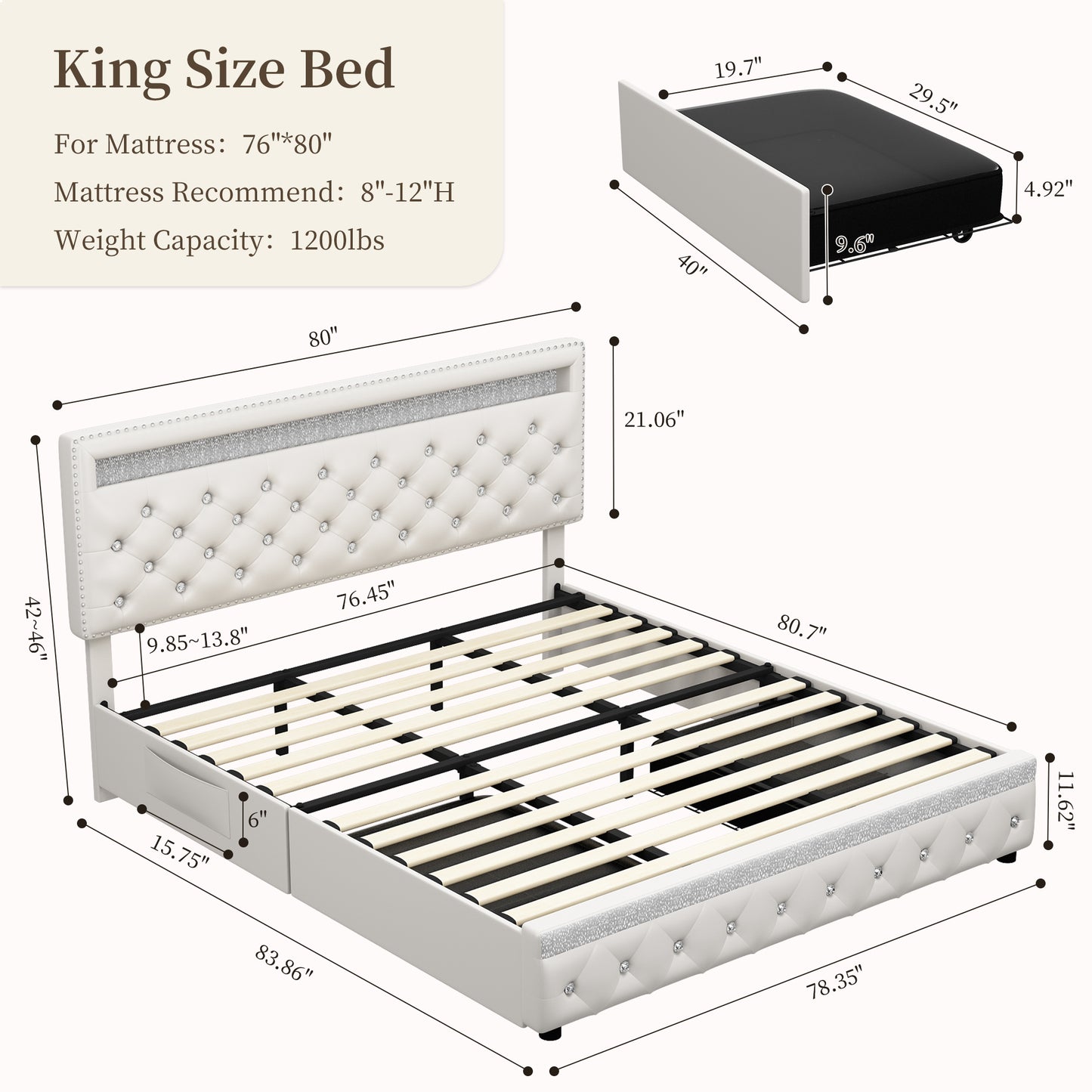 SIBEDS Bed Frame with RGB LED Lights, Adjustable Headboard, Storage Drawers, PU Leather & Velvet, No Box Spring Needed, Easy Assembly