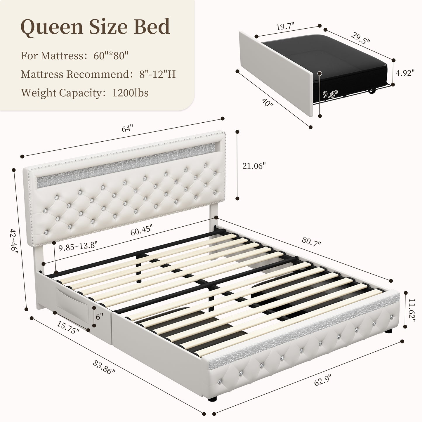 SIBEDS Bed Frame with RGB LED Lights, Adjustable Headboard, Storage Drawers, PU Leather & Velvet, No Box Spring Needed, Easy Assembly