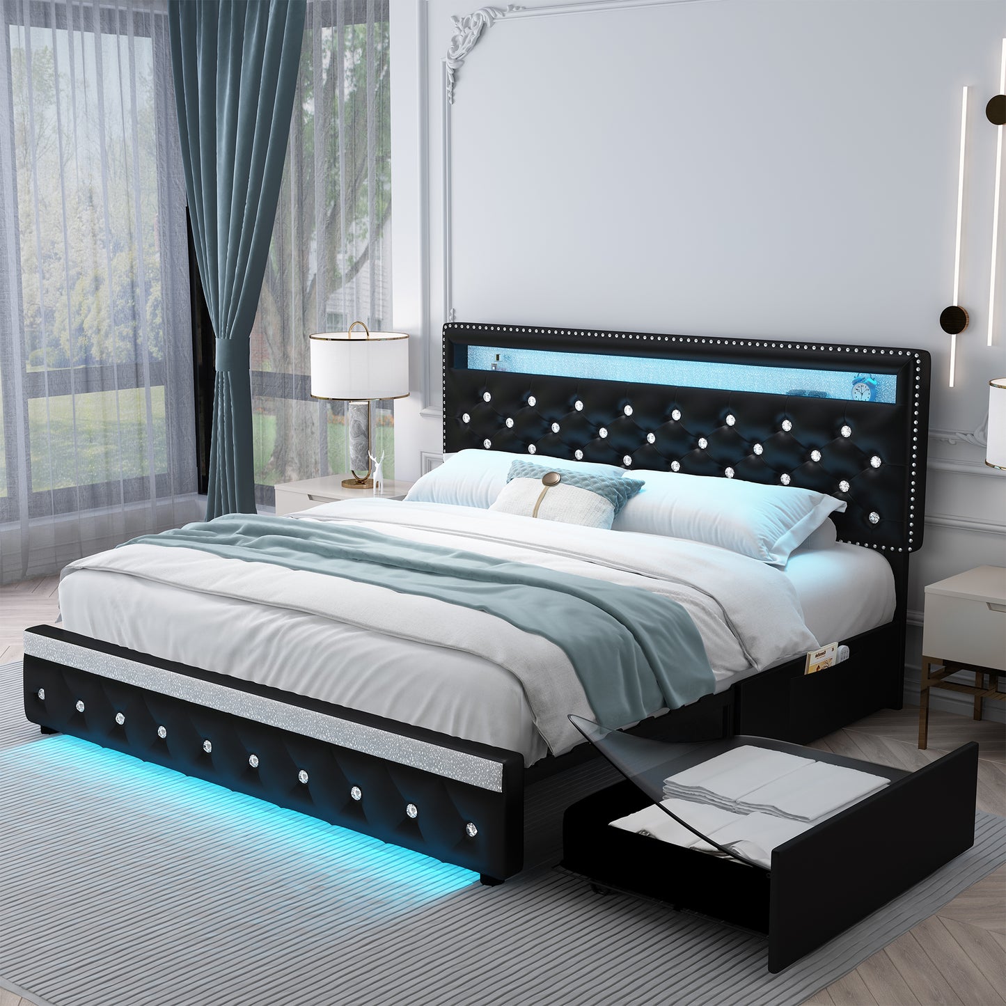 Queen Led Bed Frame with 2 Drawers, Heavy Duty Upholstered Platform Bed Frames Queen Size with Storage and Adjustable Crystal Button Tufted Headboard, No Box Spring Needed, Easy Assembly, PU Black