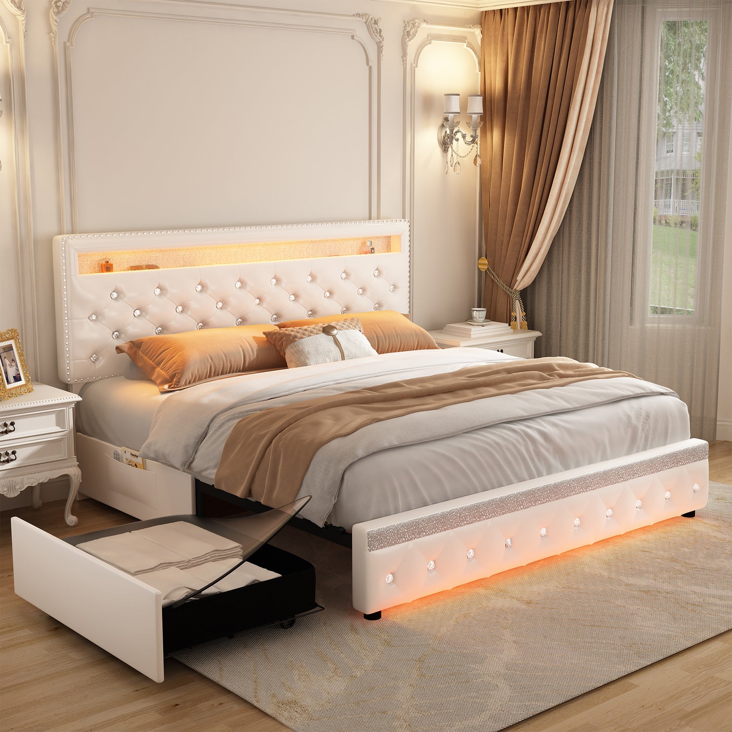 SIBEDS Bed Frame with RGB LED Lights, Adjustable Headboard, Storage Drawers, PU Leather & Velvet, No Box Spring Needed, Easy Assembly,QUEENWHITE