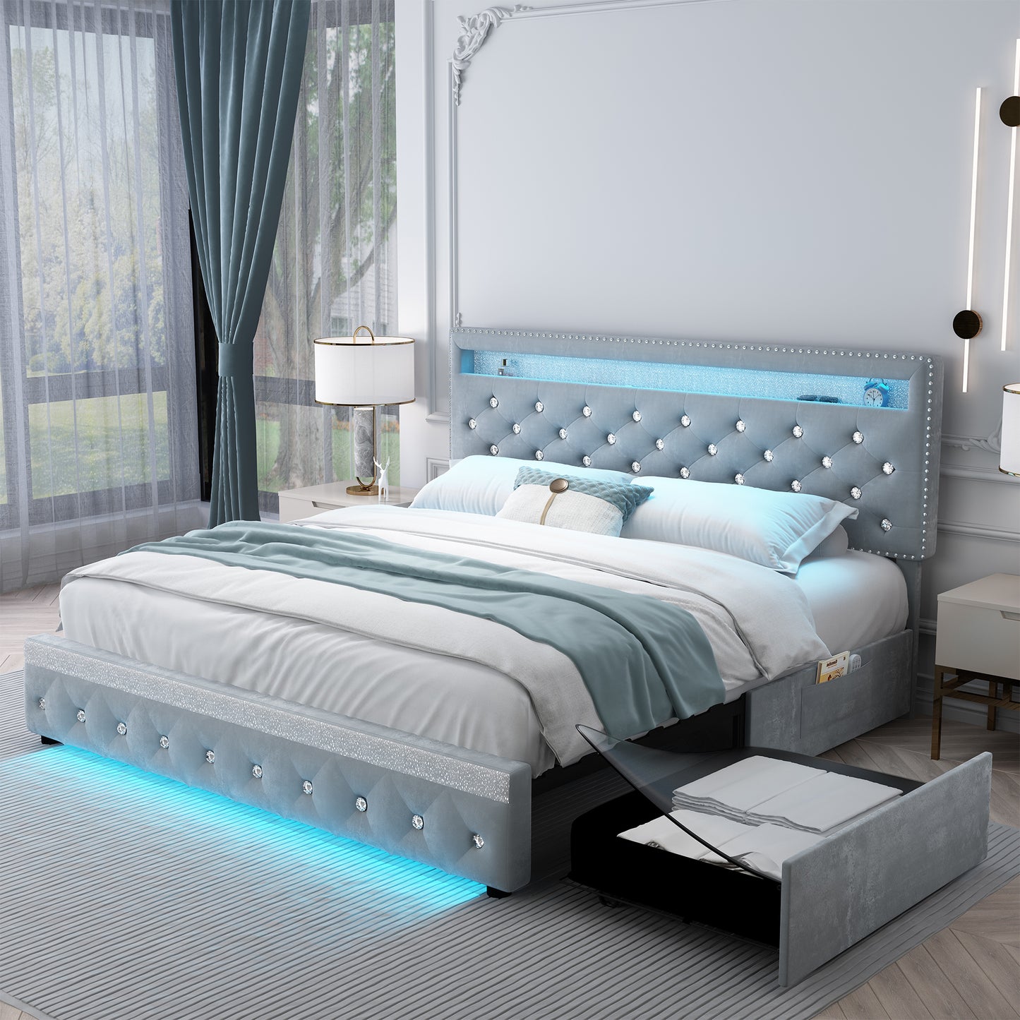 SIBEDS Bed Frame with RGB LED Lights, Adjustable Headboard, Storage Drawers, PU Leather,Grey & Velvet, No Box Spring Needed, Easy Assembly