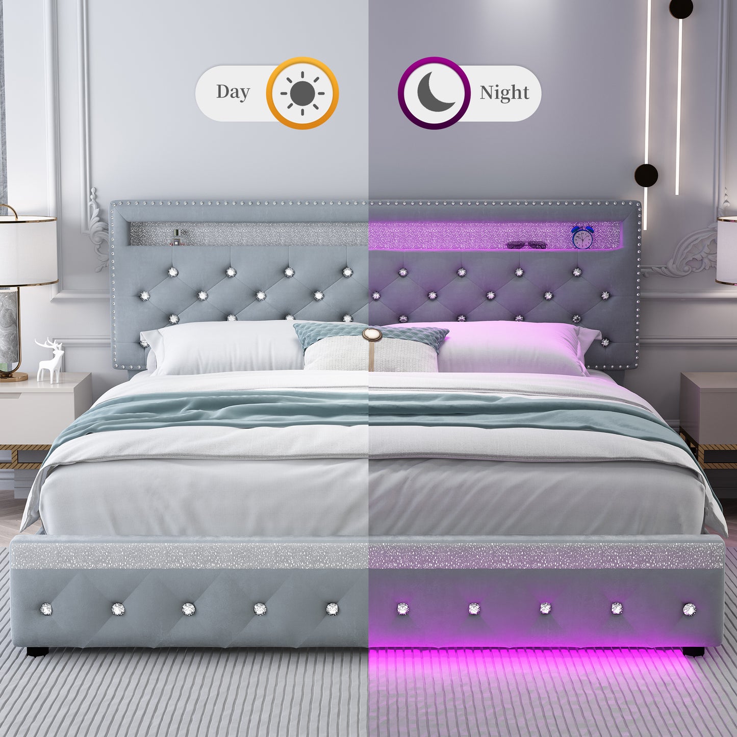 SIBEDS Bed Frame with RGB LED Lights, Adjustable Headboard, Storage Drawers, PU Leather & Velvet, No Box Spring Needed, Easy Assembly