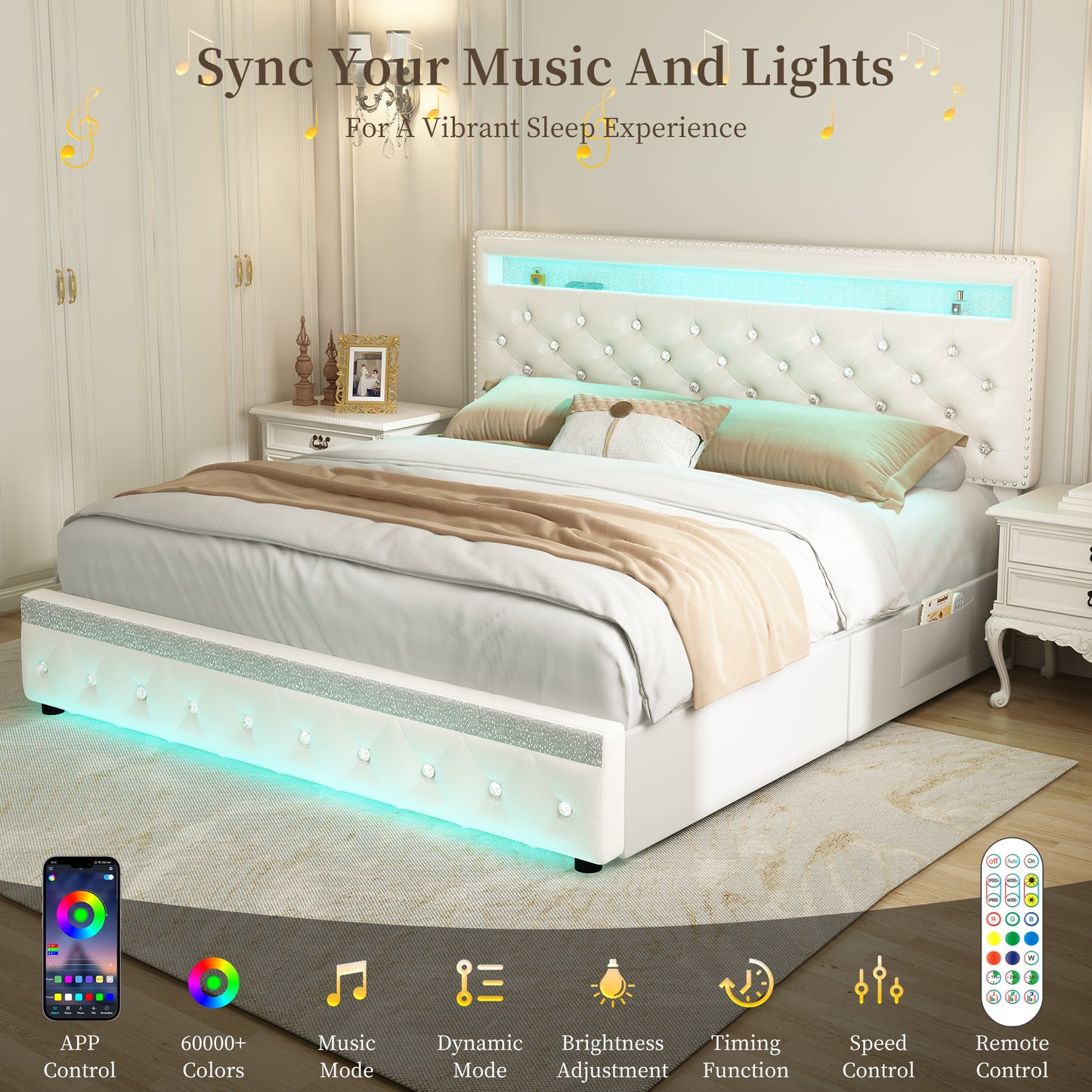 SIBEDS Bed Frame with RGB LED Lights, Adjustable Headboard, Storage Drawers, PU Leather & Velvet, No Box Spring Needed, Easy Assembly,QUEENWHITE