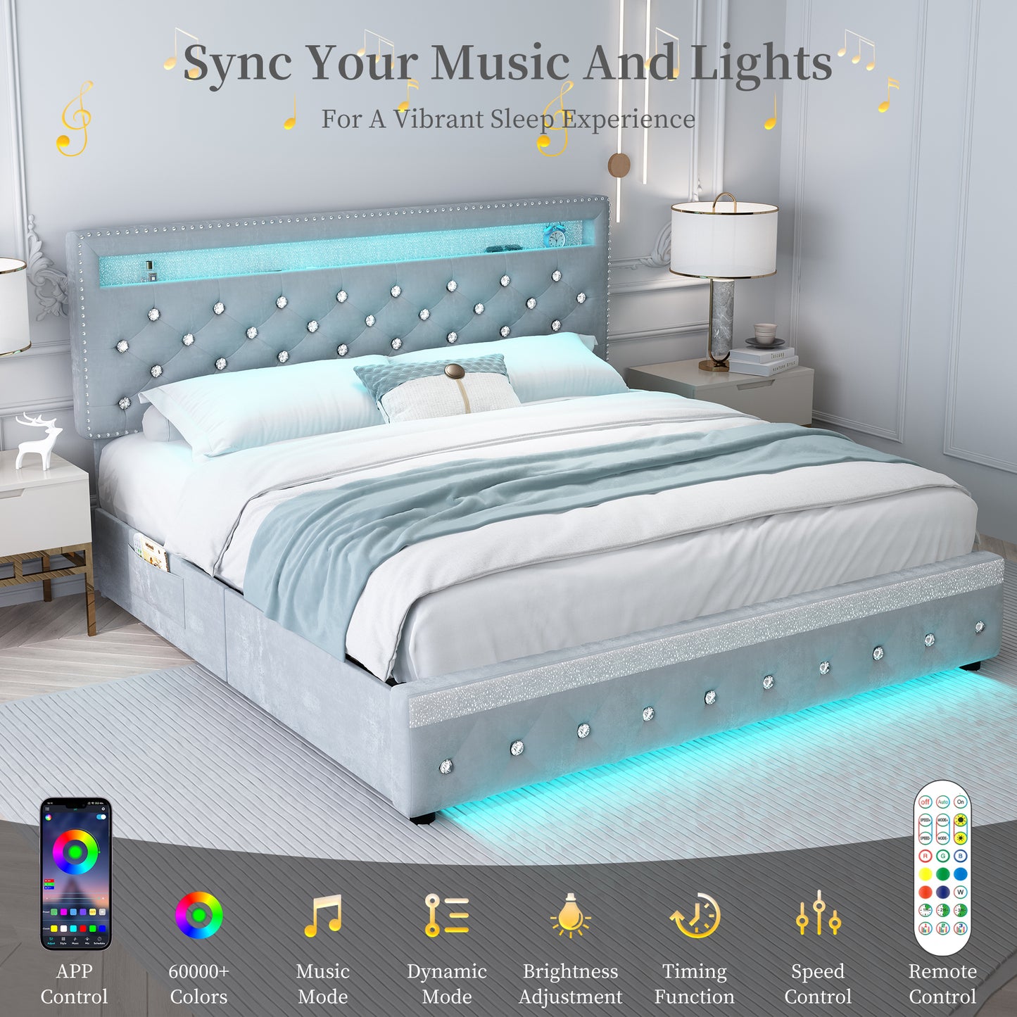 SIBEDS Bed Frame with RGB LED Lights, Adjustable Headboard, Storage Drawers, PU Leather,Grey & Velvet, No Box Spring Needed, Easy Assembly
