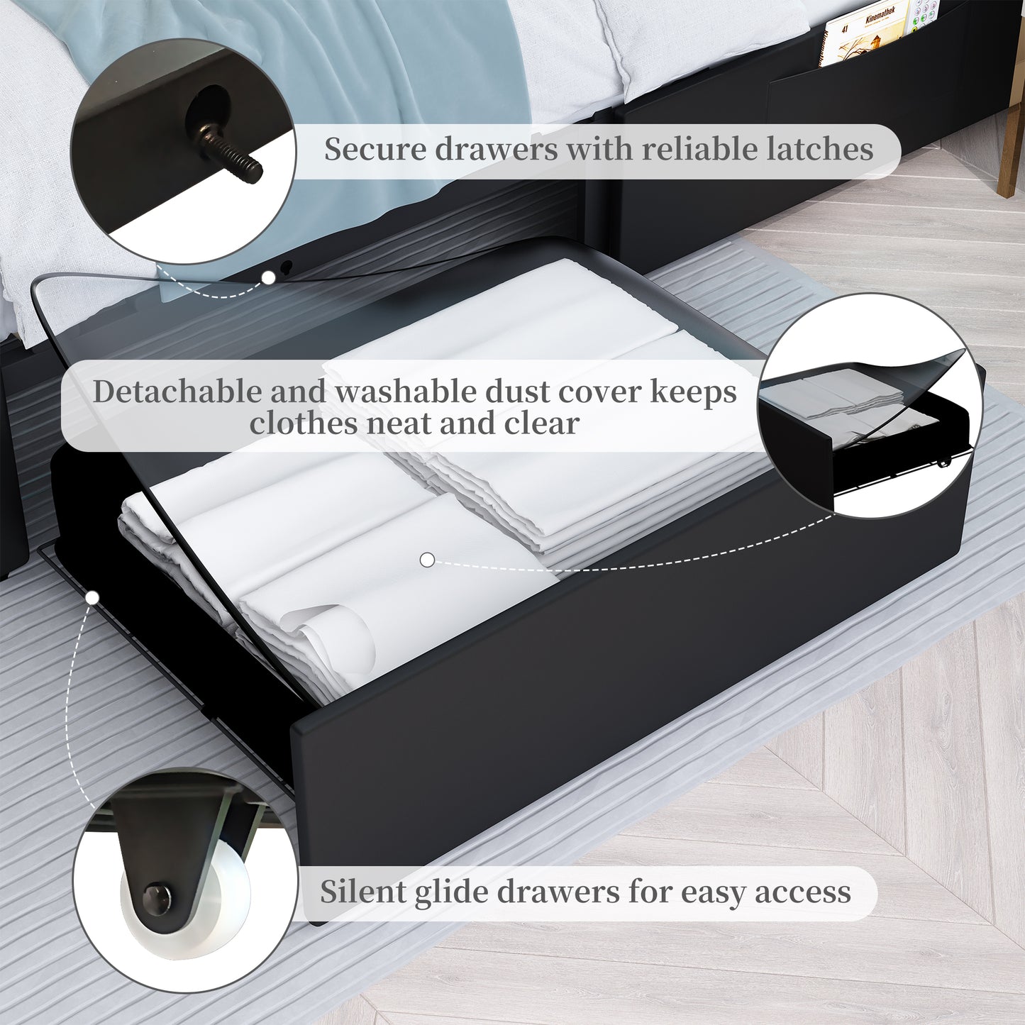 Queen Led Bed Frame with 2 Drawers, Heavy Duty Upholstered Platform Bed Frames Queen Size with Storage and Adjustable Crystal Button Tufted Headboard, No Box Spring Needed, Easy Assembly, PU Black