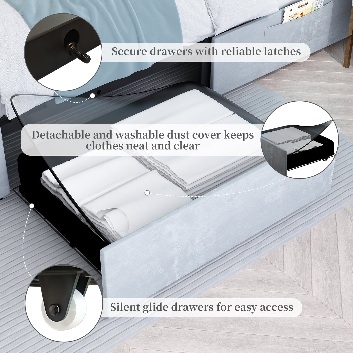 SIBEDS Bed Frame with RGB LED Lights, Adjustable Headboard, Storage Drawers, PU Leather,Grey & Velvet, No Box Spring Needed, Easy Assembly