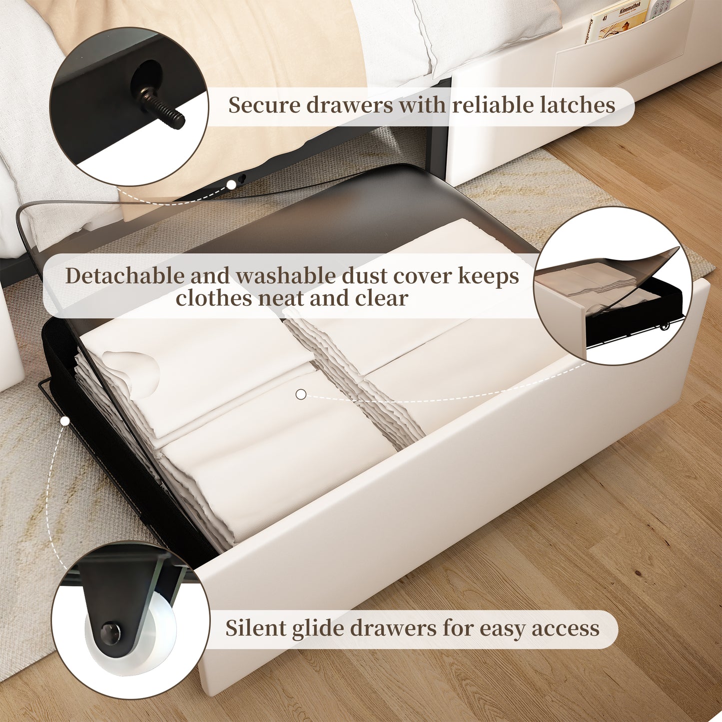 SIBEDS Bed Frame with RGB LED Lights, Adjustable Headboard, Storage Drawers, PU Leather & Velvet, No Box Spring Needed, Easy Assembly,QUEENWHITE
