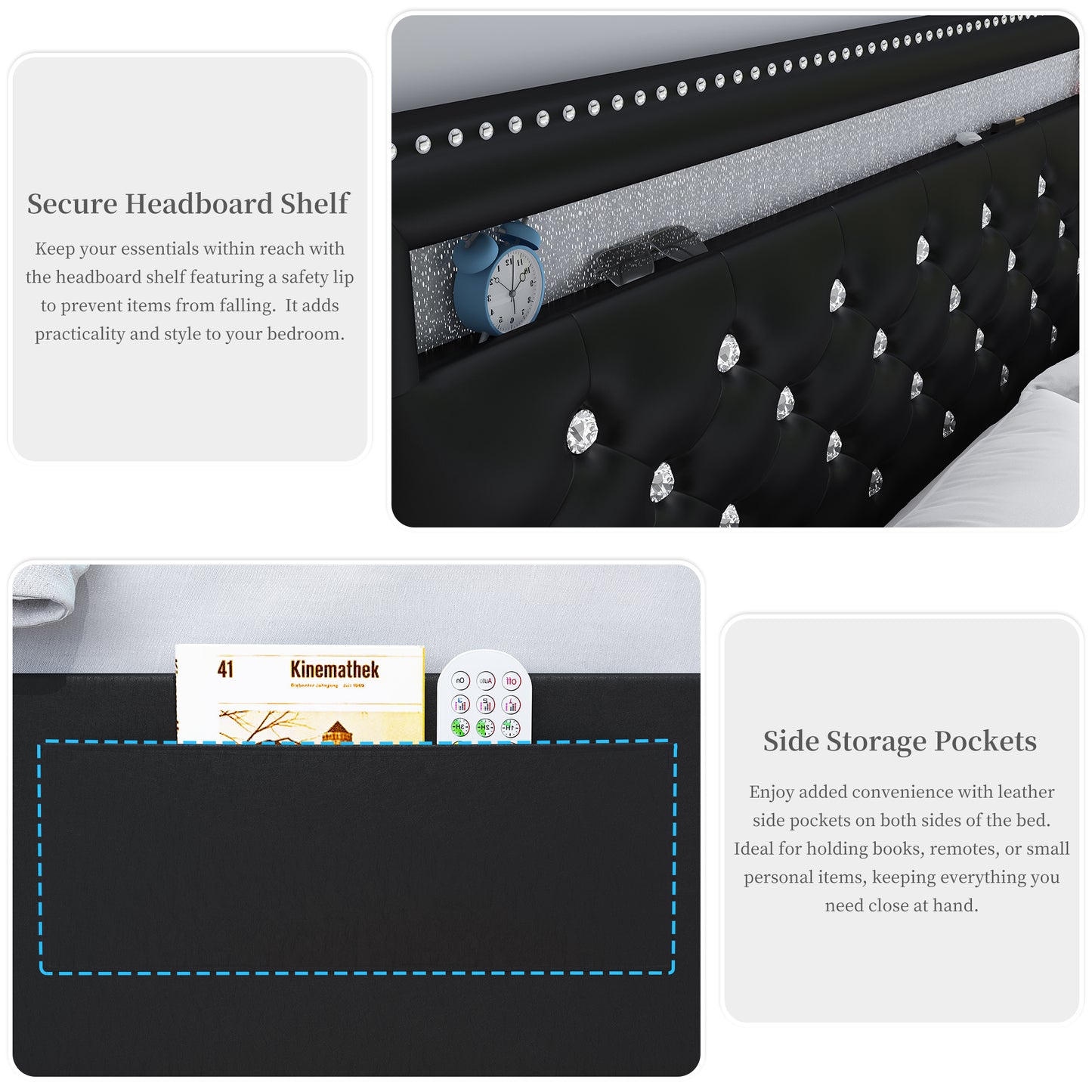 SIBEDS Bed Frame with RGB LED Lights, Adjustable Headboard, Storage Drawers, PU Leather & Velvet, No Box Spring Needed, Easy Assembly,PU Black