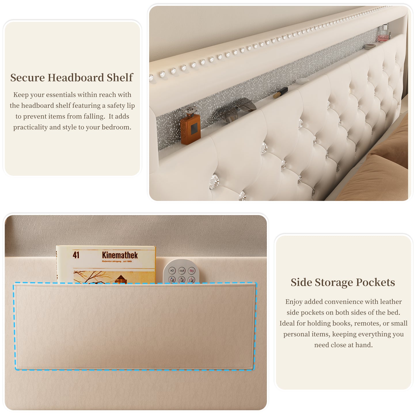 SIBEDS Bed Frame with RGB LED Lights, Adjustable Headboard, Storage Drawers, PU Leather & Velvet, No Box Spring Needed, Easy Assembly,QUEENWHITE